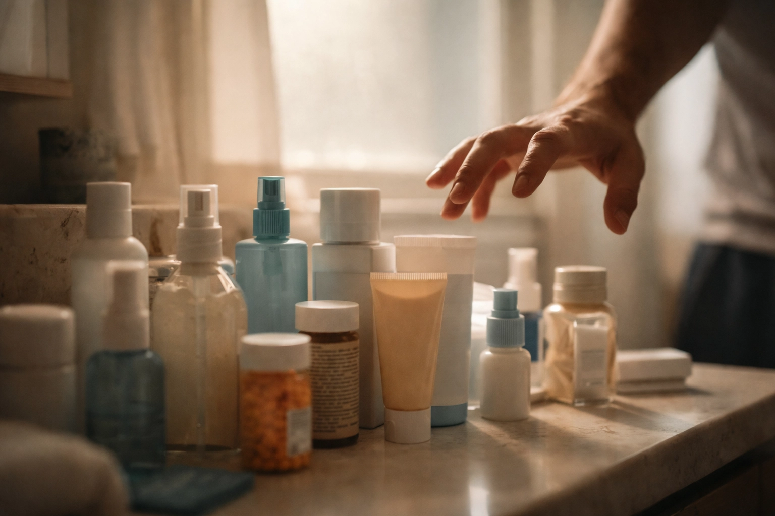 Fürdőszobapulton különféle spray-k, krémek és gyógyszerek, korai magömlés gyors kezelési próbálkozásai