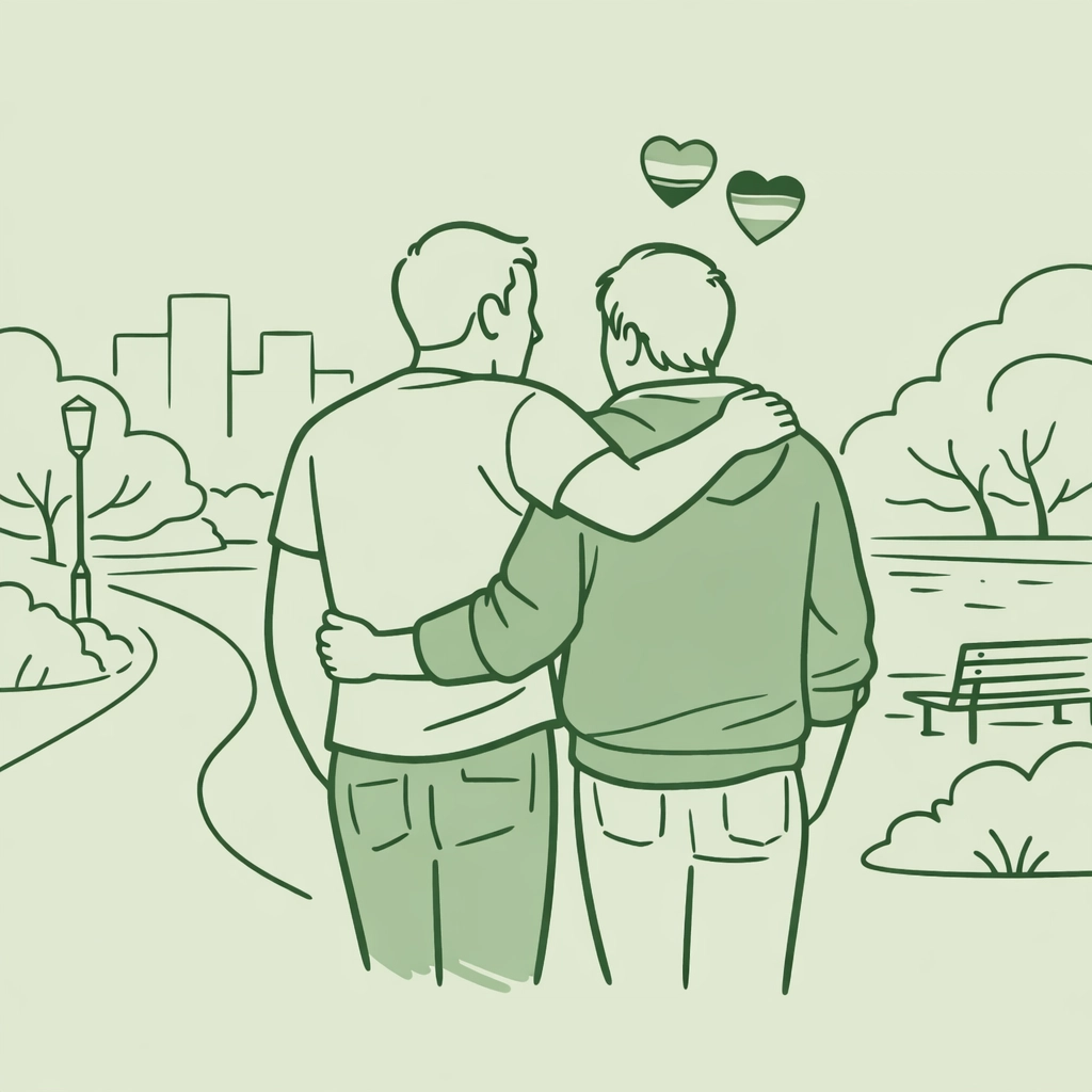 Supportive gay men walking together, highlighting the inclusion of asexual and aromantic voices in queer spaces.