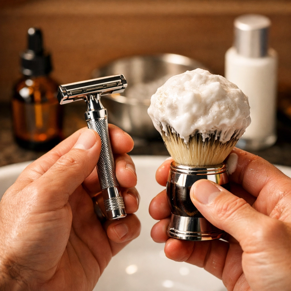 Safety razor and shaving brush with lather showing proper men's shaving tools and technique
