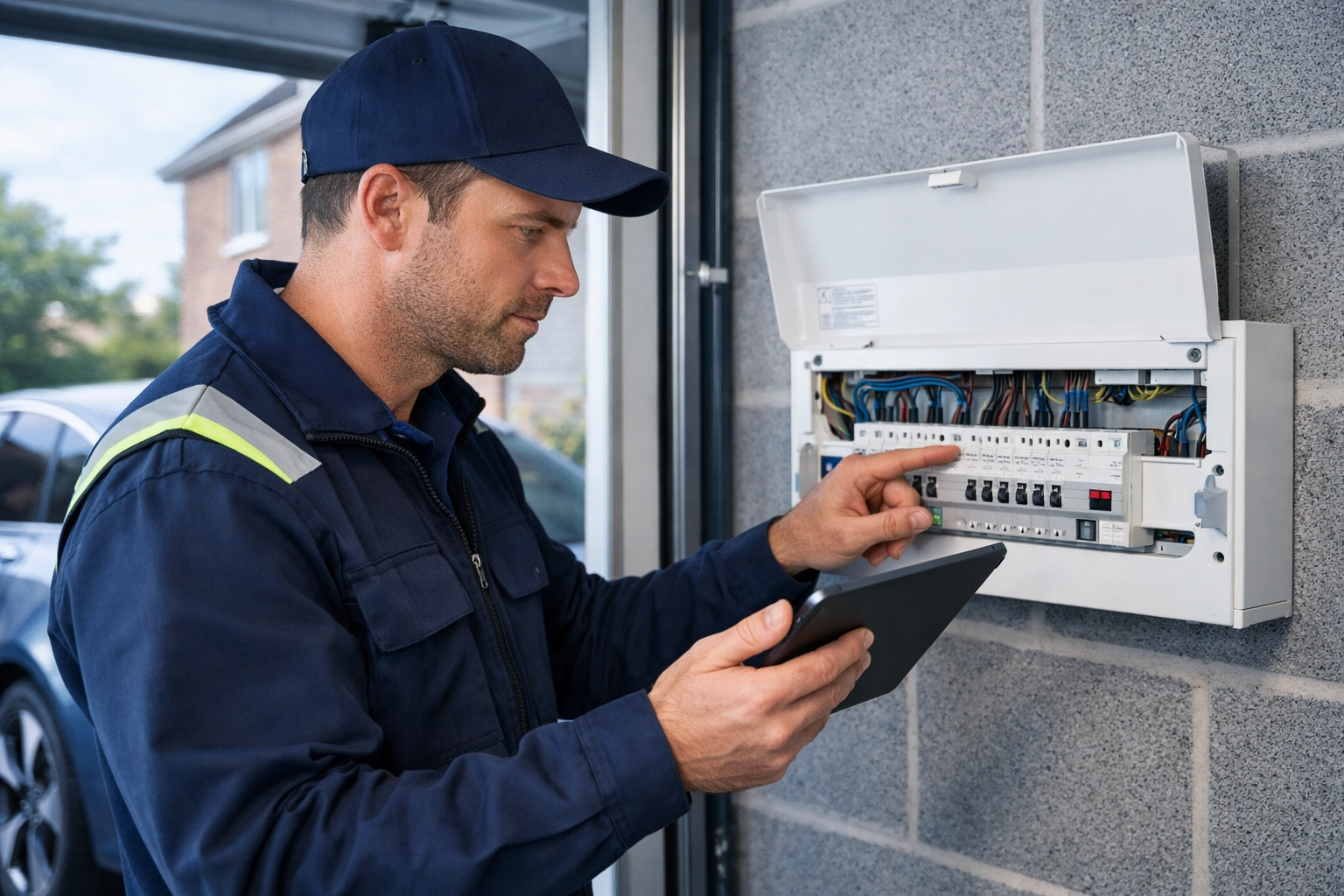 Qualified electrician conducting EV charger site survey at a Bournemouth home, examining consumer unit
