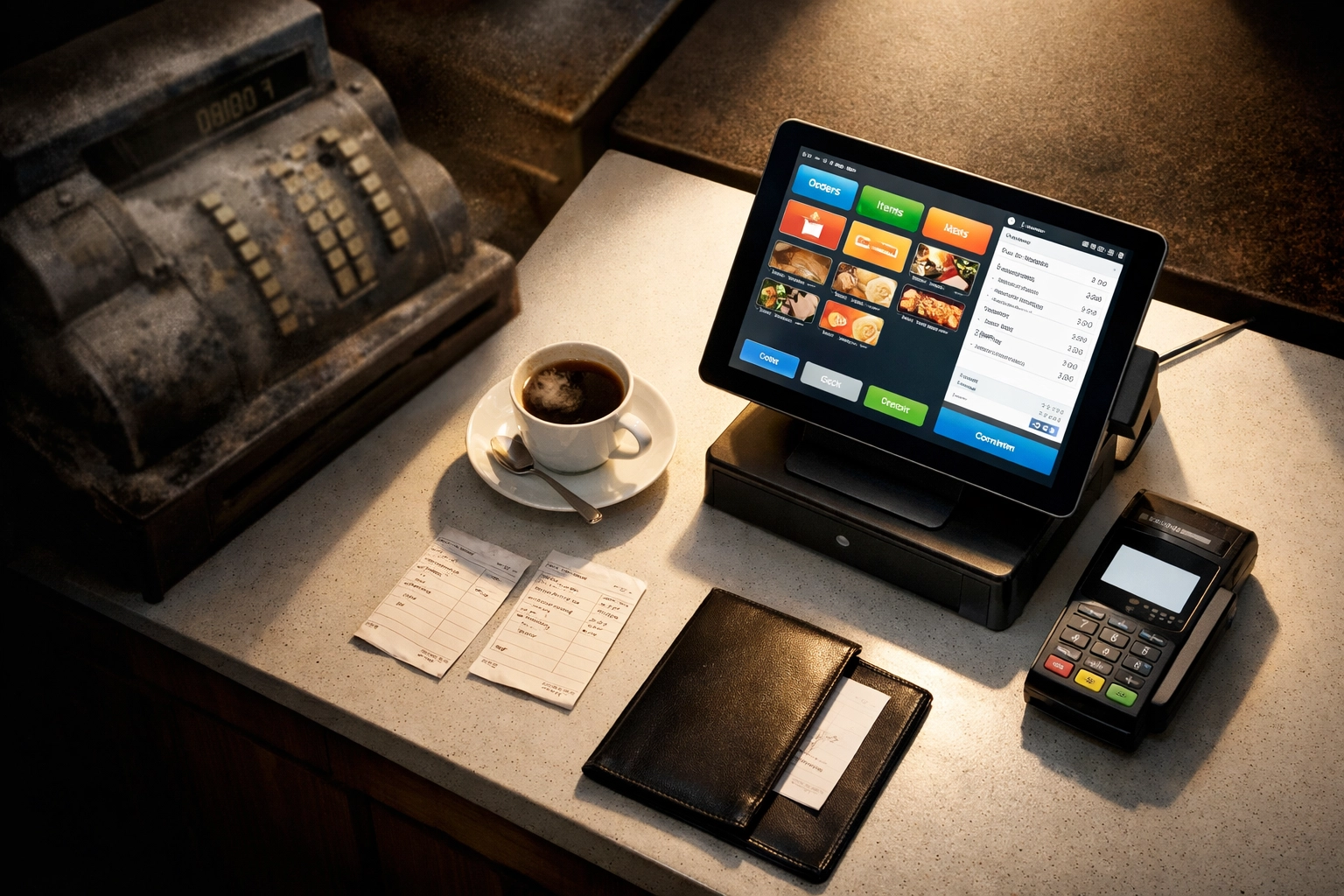 Modern tablet POS system beside outdated cash register in restaurant workspace