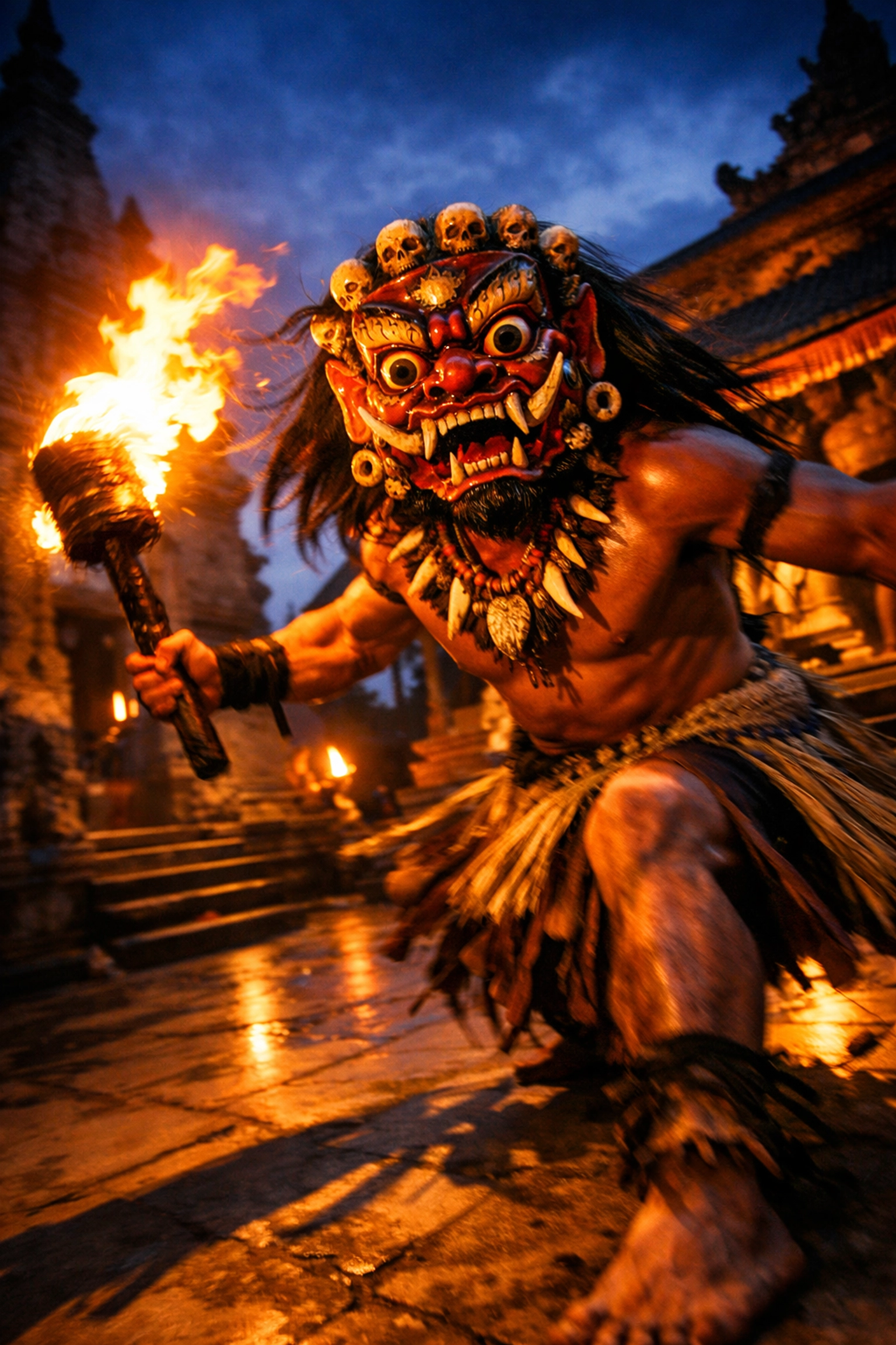 Masked dancer with fire torch embodying the warrior spirit and spiritual courage.