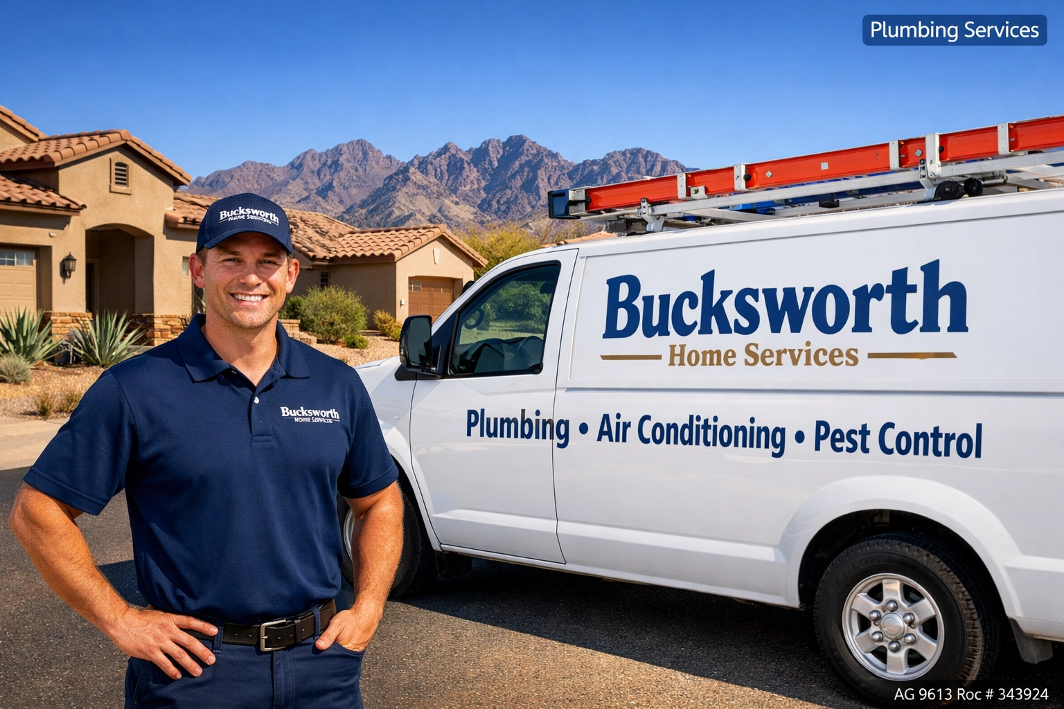 Bucksworth service truck and technician in Goodyear providing plumbing services in Estrella Mountain AZ.