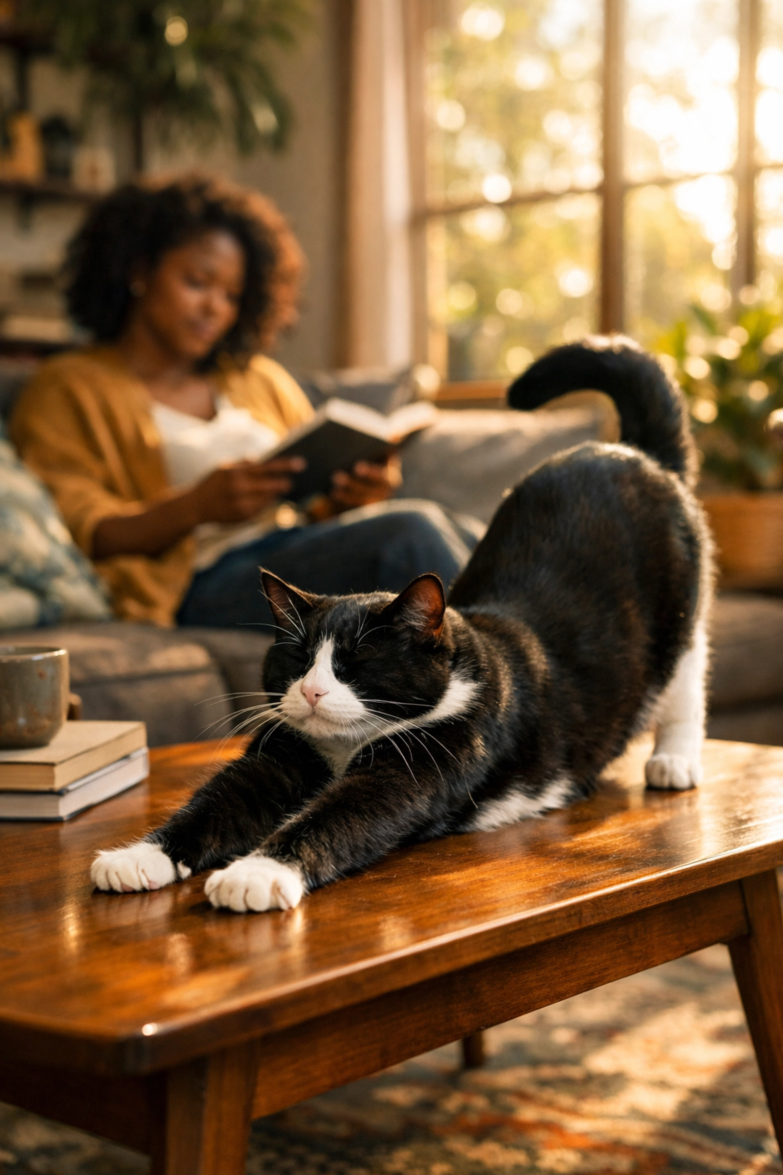 Relaxed tuxedo cat at home, showing the benefits of hiring a professional cat sitter in Walnut Creek.