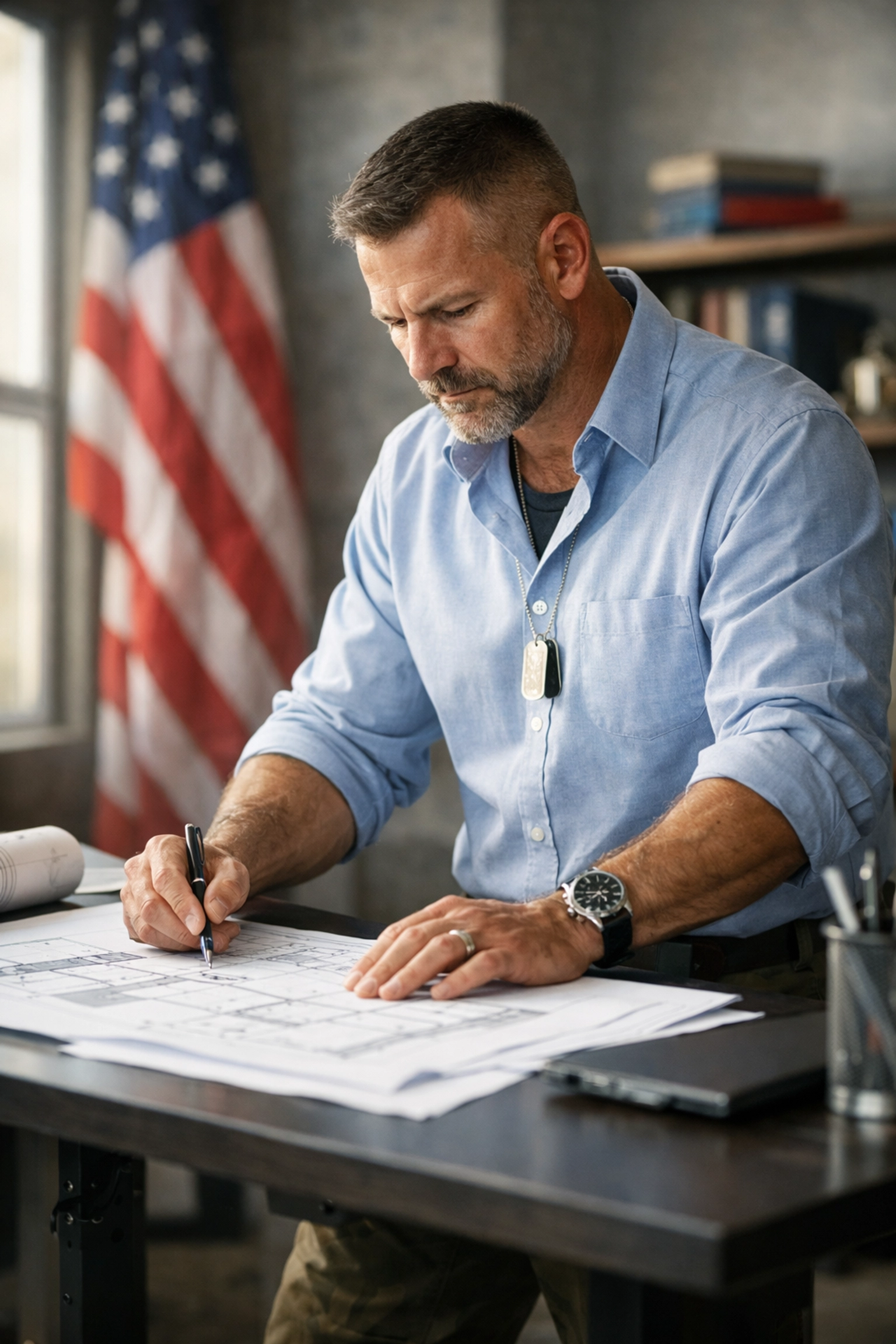 Military veteran professional reviewing project plans in modern business consulting environment