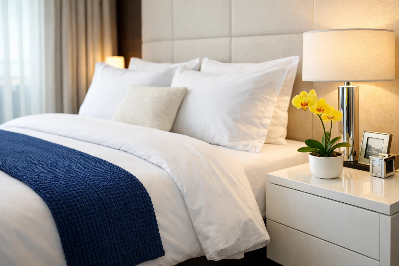 A dust-free master bedroom sanctuary in Bolton with crisp linens and professional finishing touches.