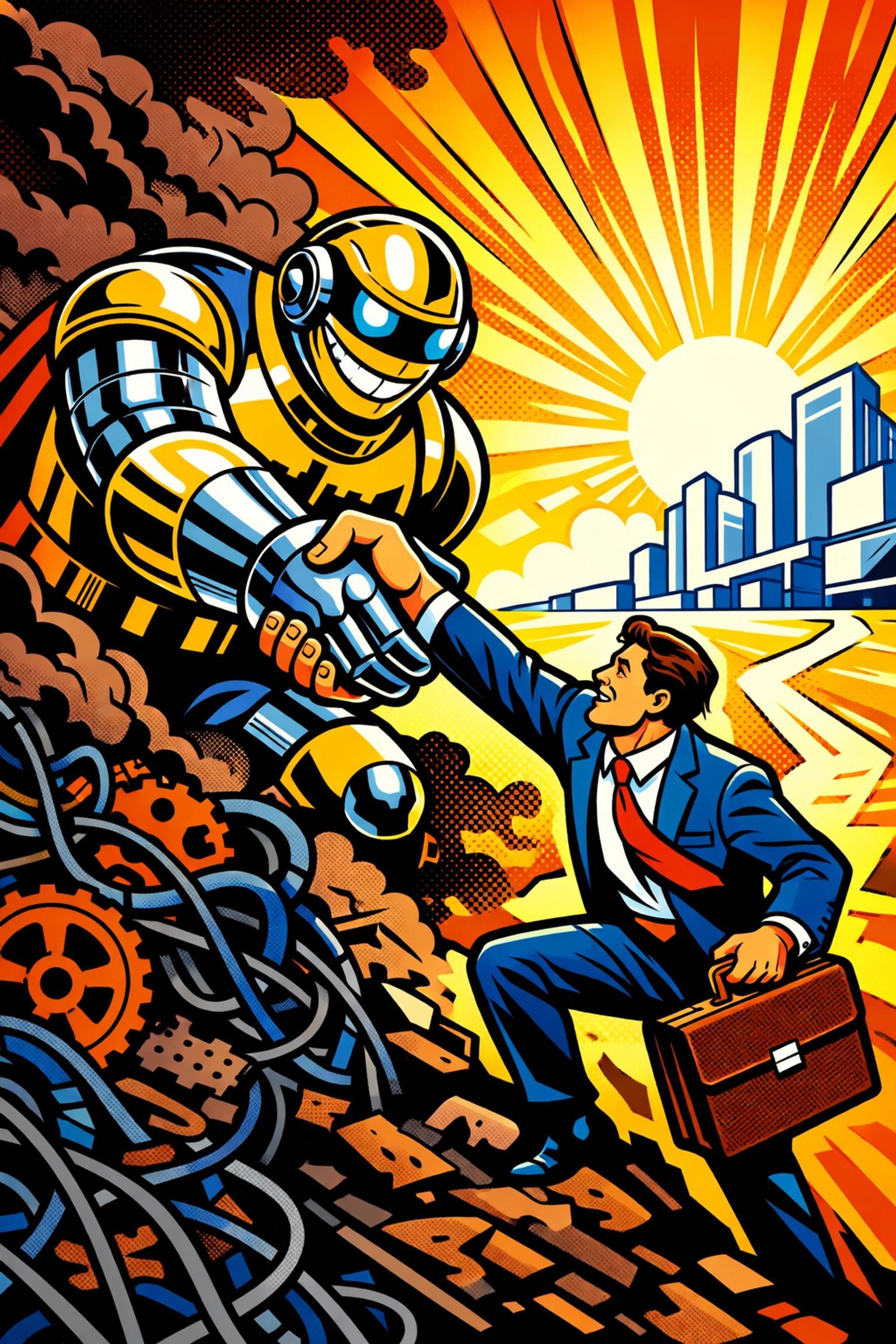 A friendly AI robot helping a business owner escape chaos using workflow automation systems.