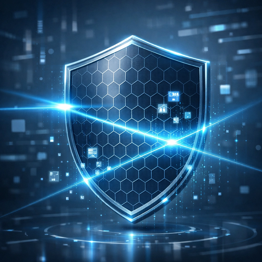 Digital security shield representing proactive network security monitoring and threat detection.