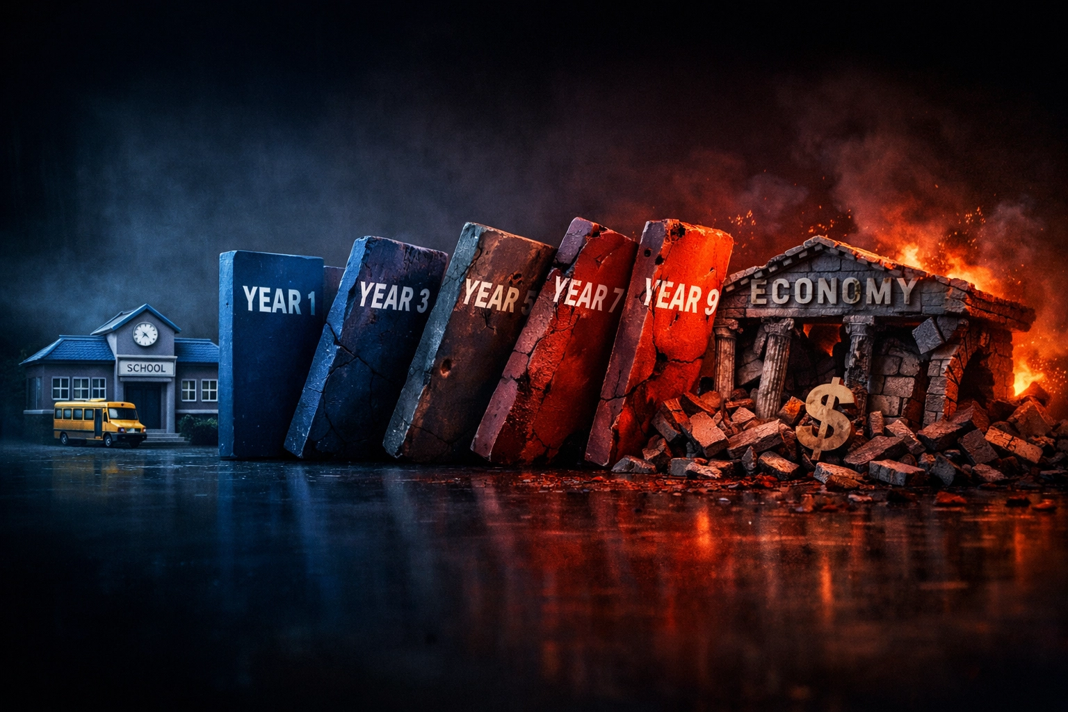 Falling dominos timeline showing cascade from school building to economic decline from education underinvestment