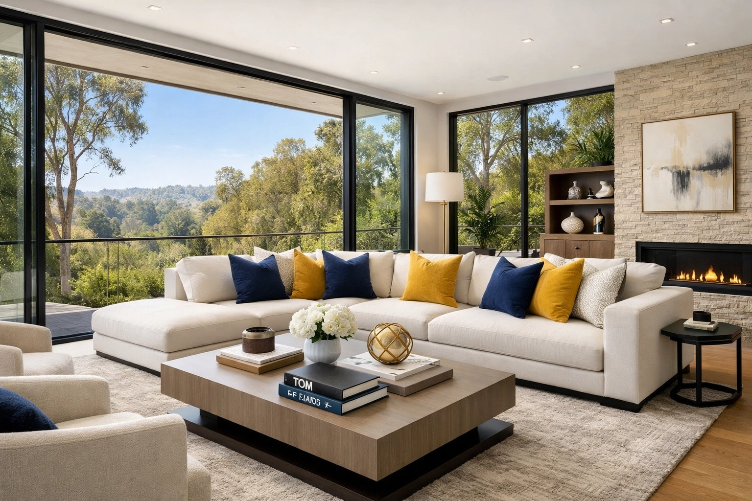Spotless luxury living room in Westwood with floor-to-ceiling windows and high-end residential cleaning.