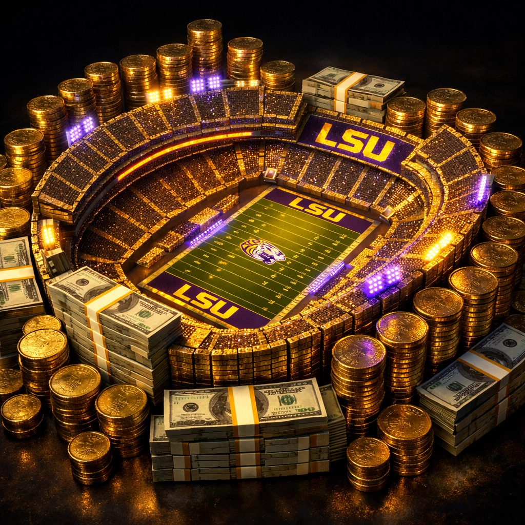 LSU's $40 million football roster investment visualized with stadium shaped from money in purple and gold