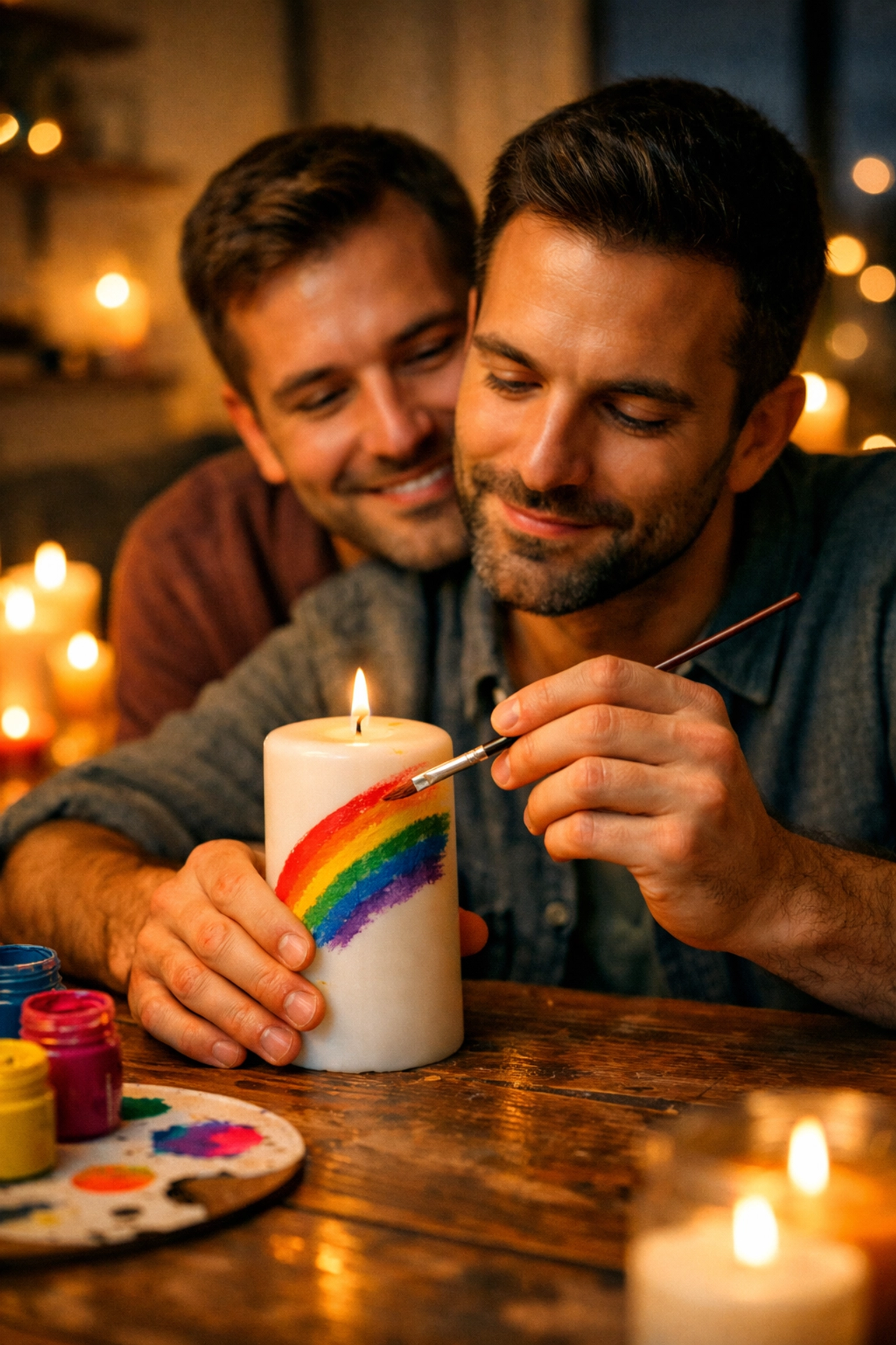A gay couple painting a rainbow candle together as a creative chosen family milestone activity.