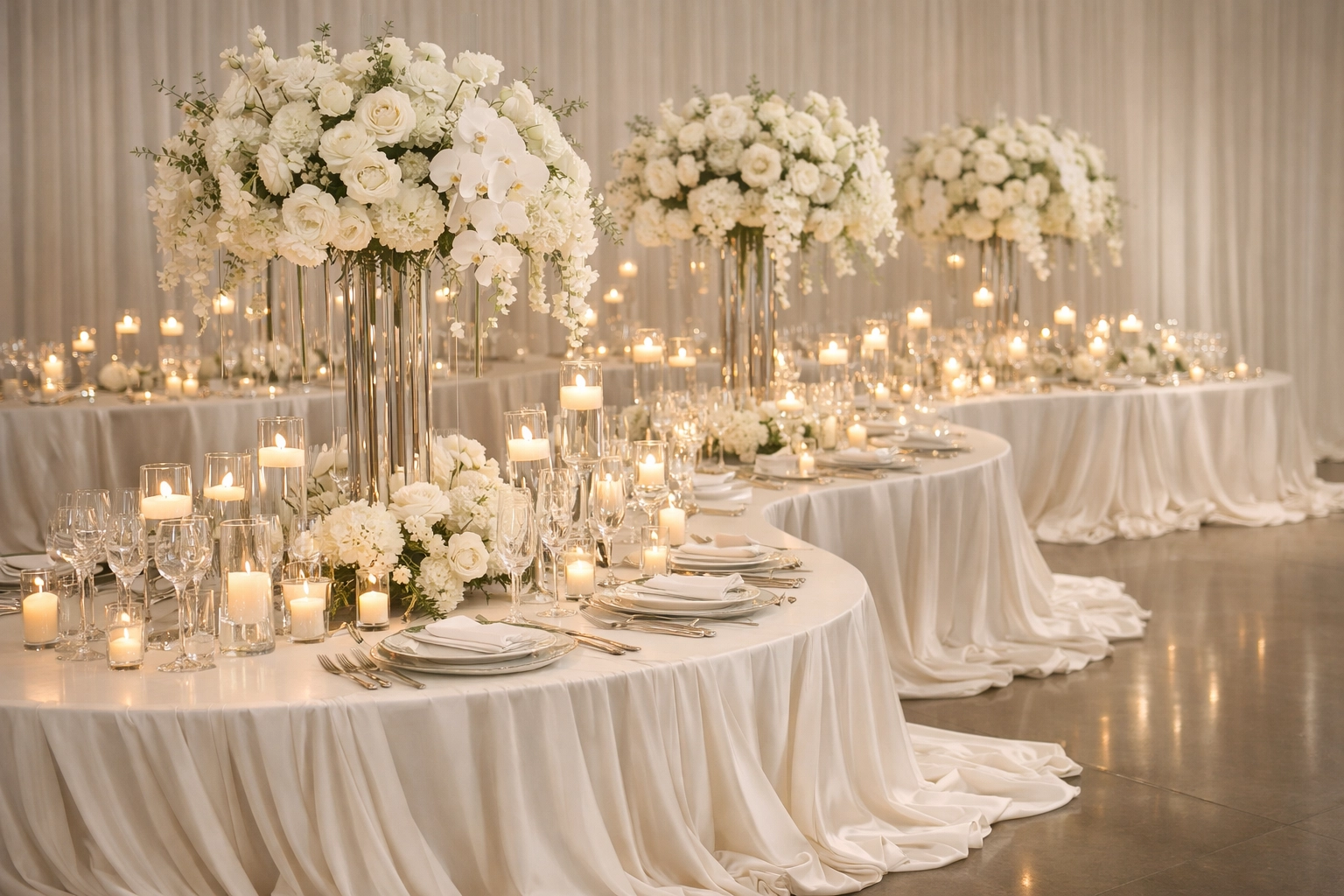 Luxury serpentine wedding reception tablescape with pooling ivory linens and tall white floral centerpieces.