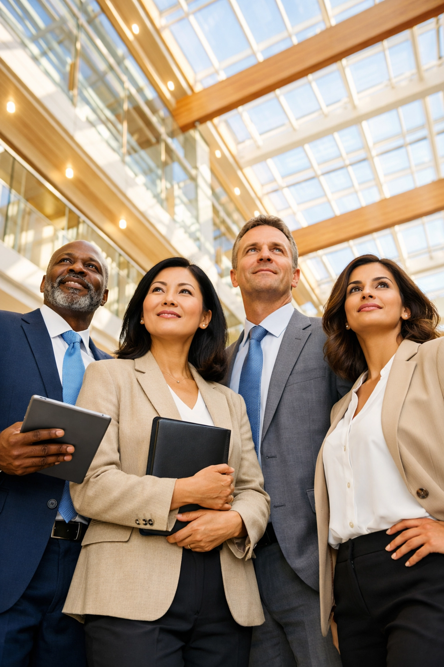 Diverse business professionals standing together in a modern lobby, highlighting effective MSME growth strategies.