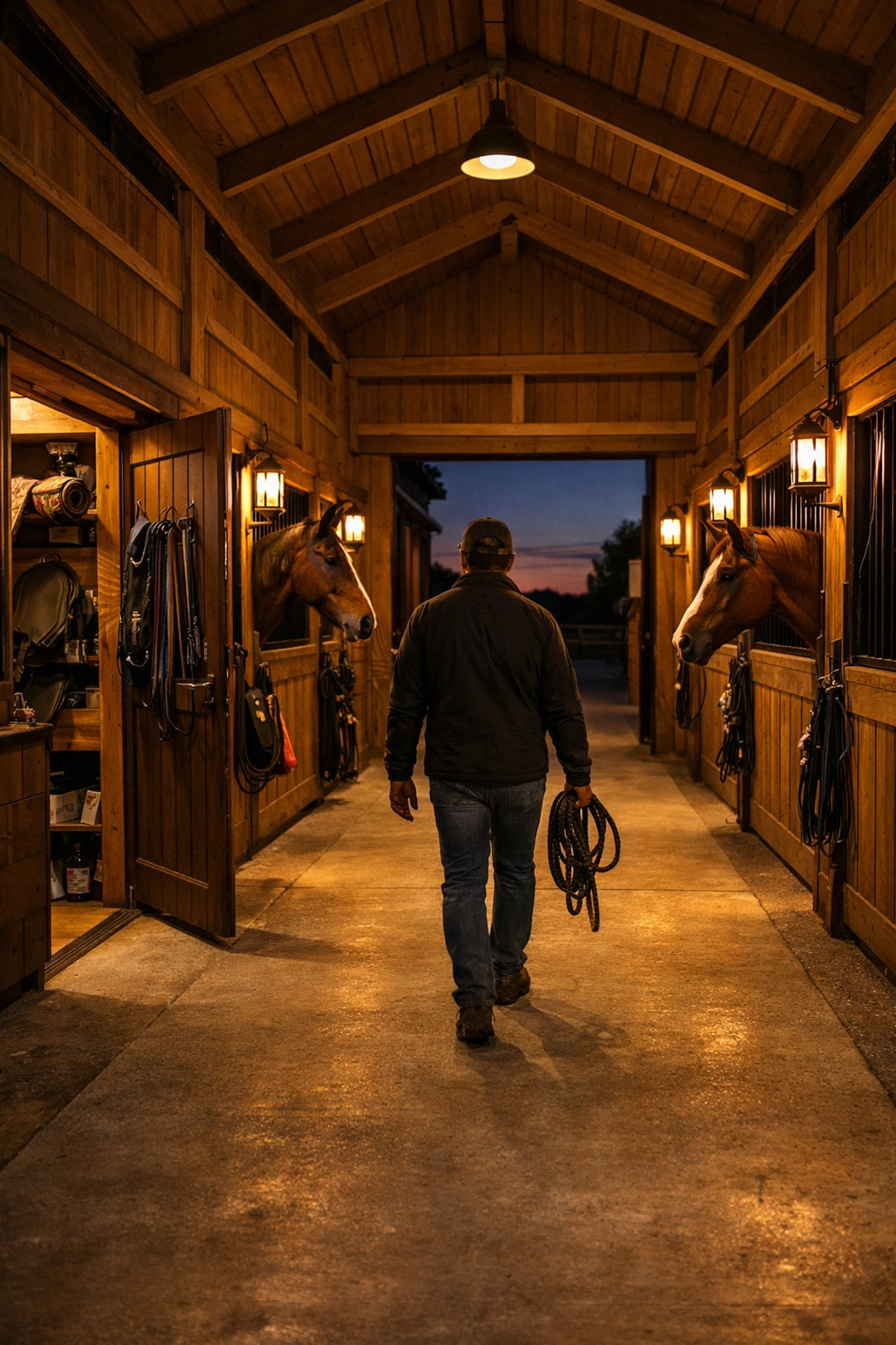 Well-maintained horse barn interior with stalls and organized tack room at equestrian property