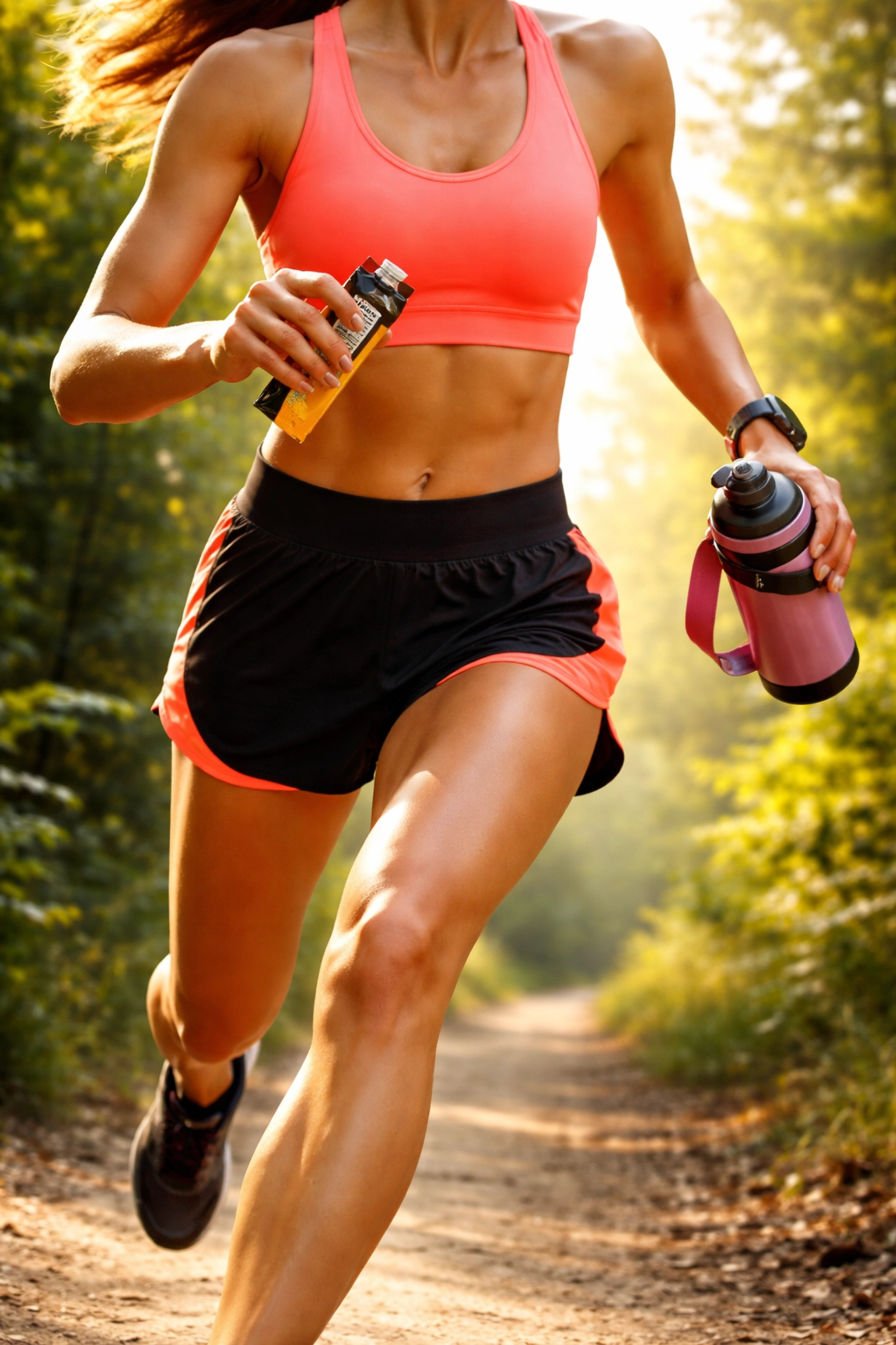 Female runner on a sunlit forest trail holding energy gel and water bottle, demonstrating gut training for runners