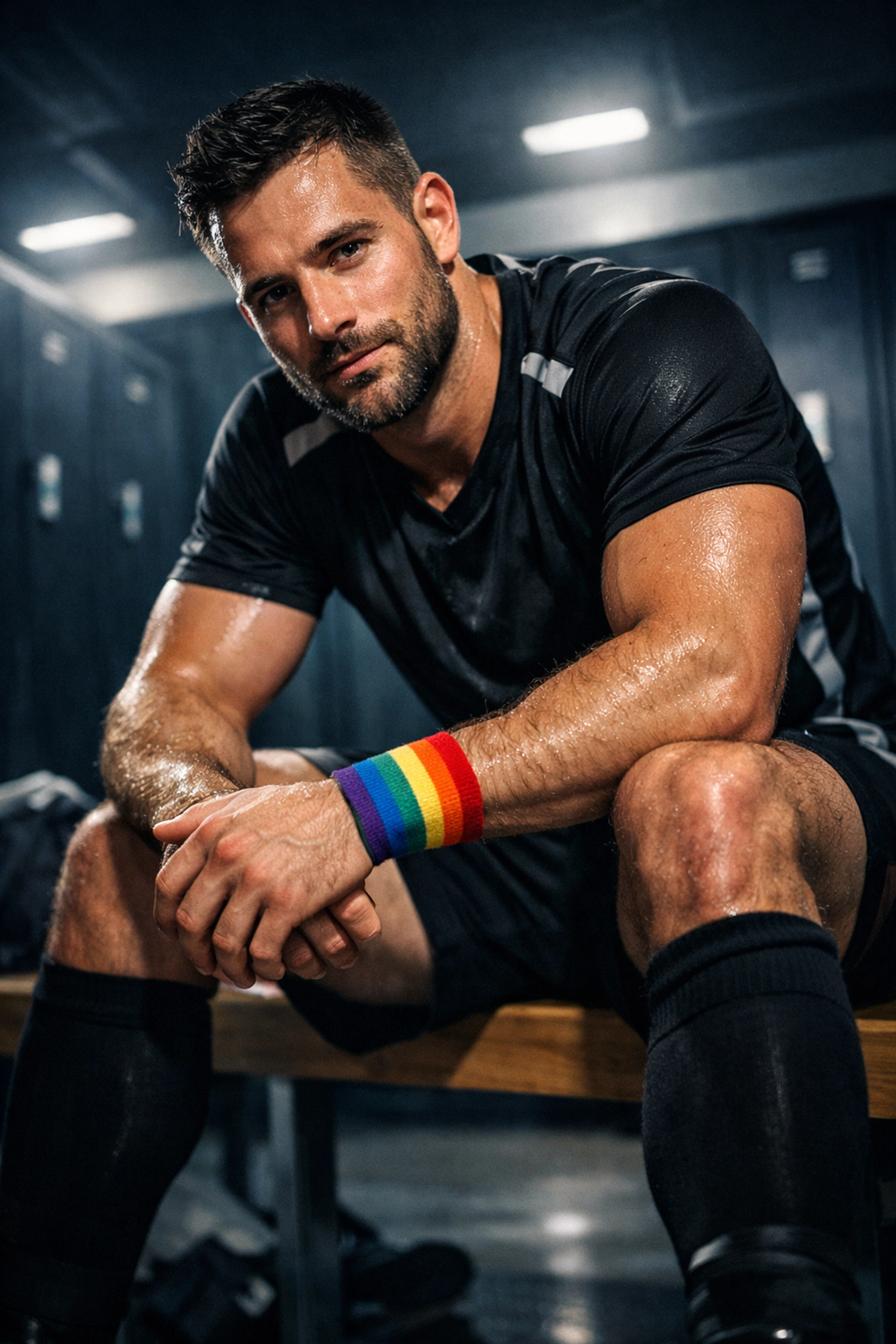 A masculine gay athlete with a rainbow wristband in a locker room, reflecting themes found in MM romance books.