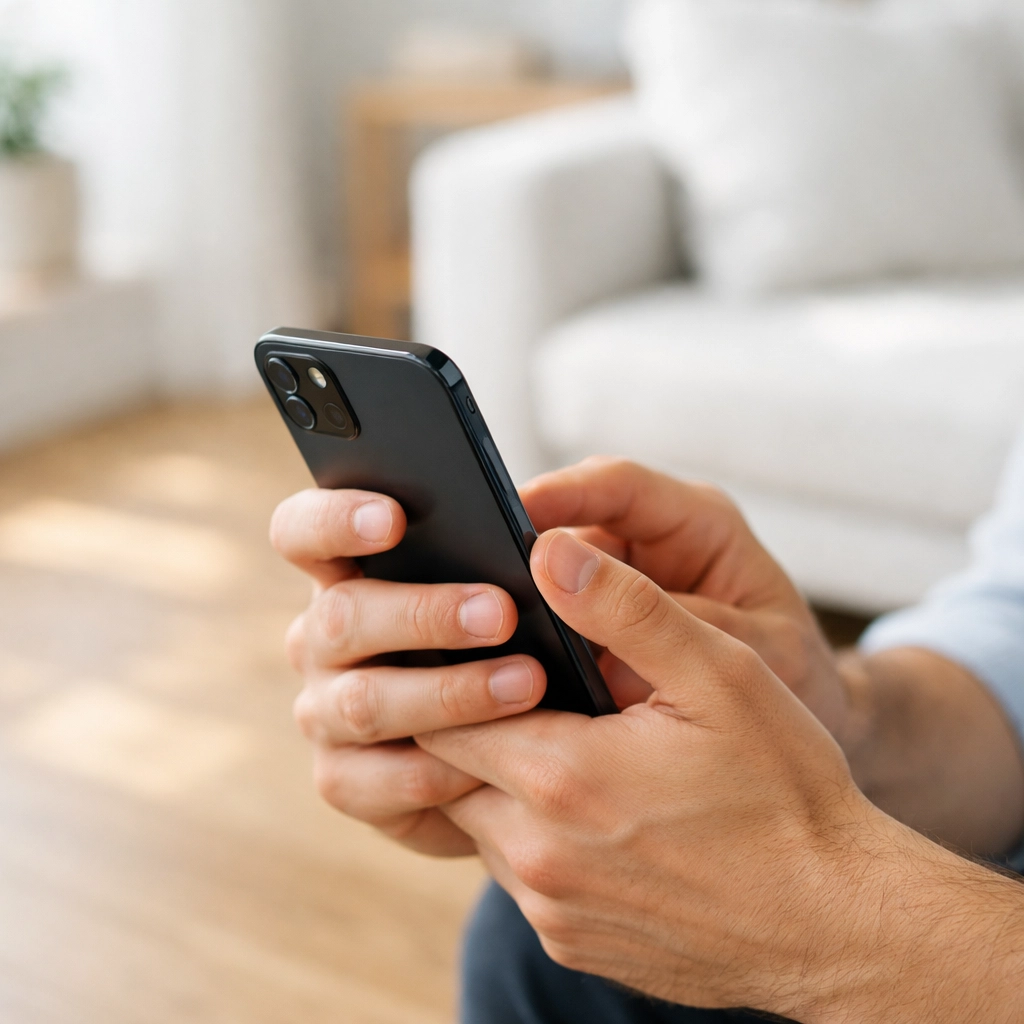 Using a smartphone for automated rent collection in a room with modern hardwood flooring.