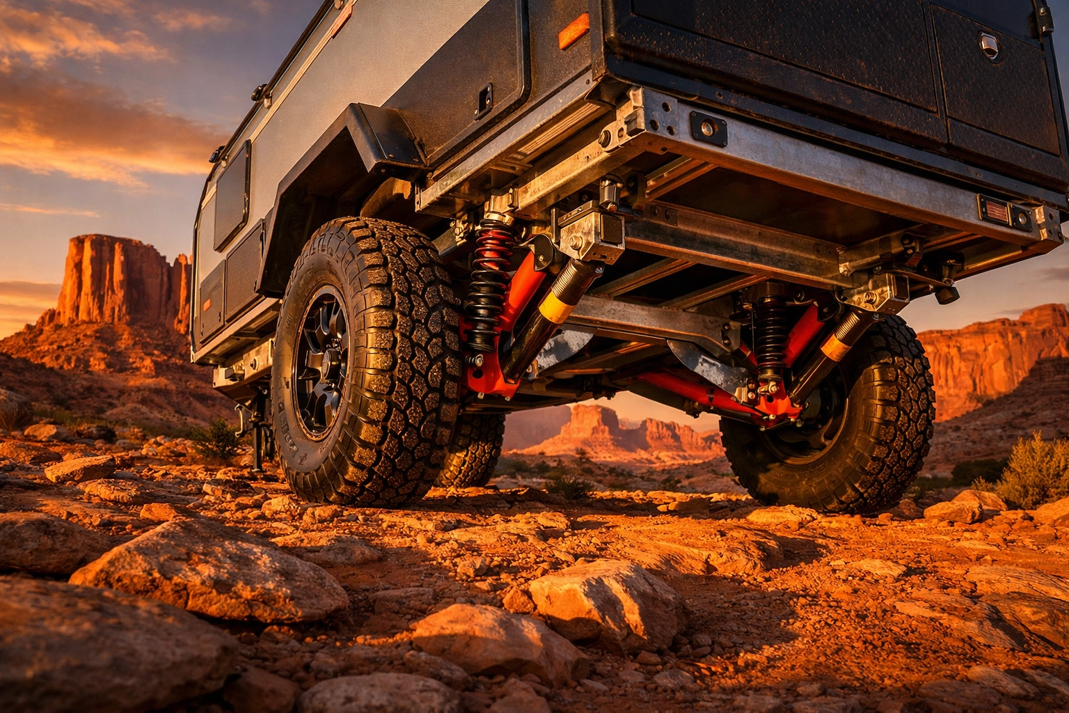 Off-road travel trailer with independent suspension and high ground clearance on rocky desert terrain