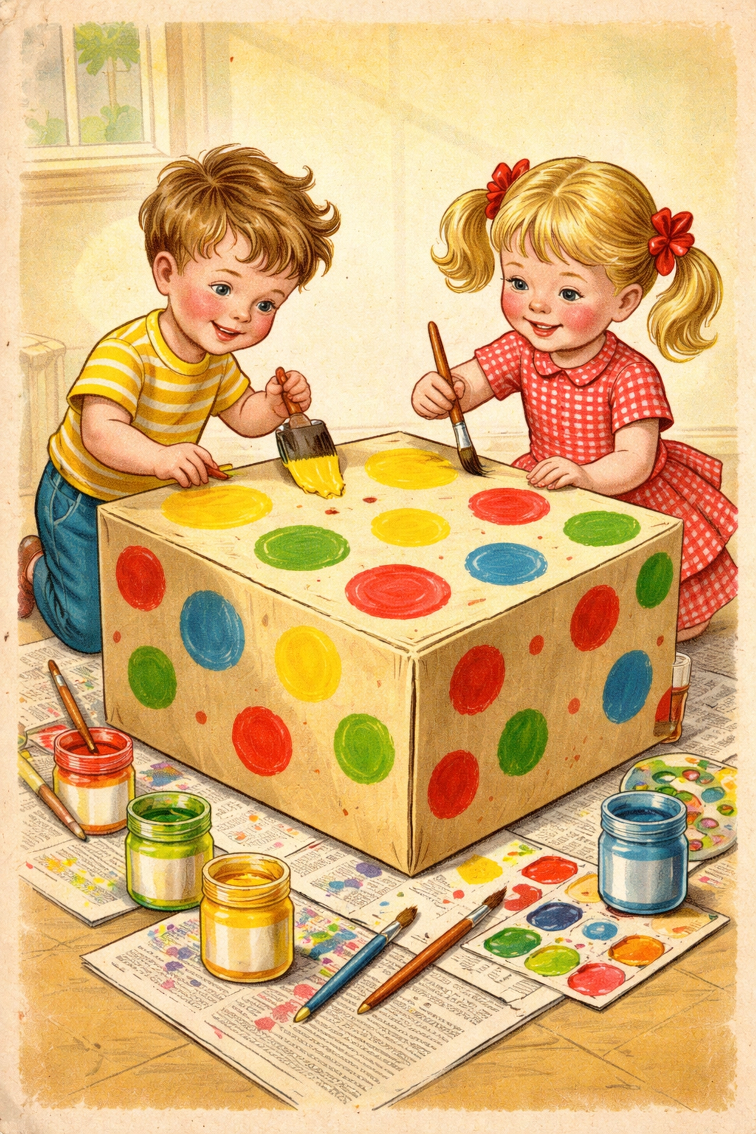 Children painting a cardboard box together, crafting a colorful bean bag toss game