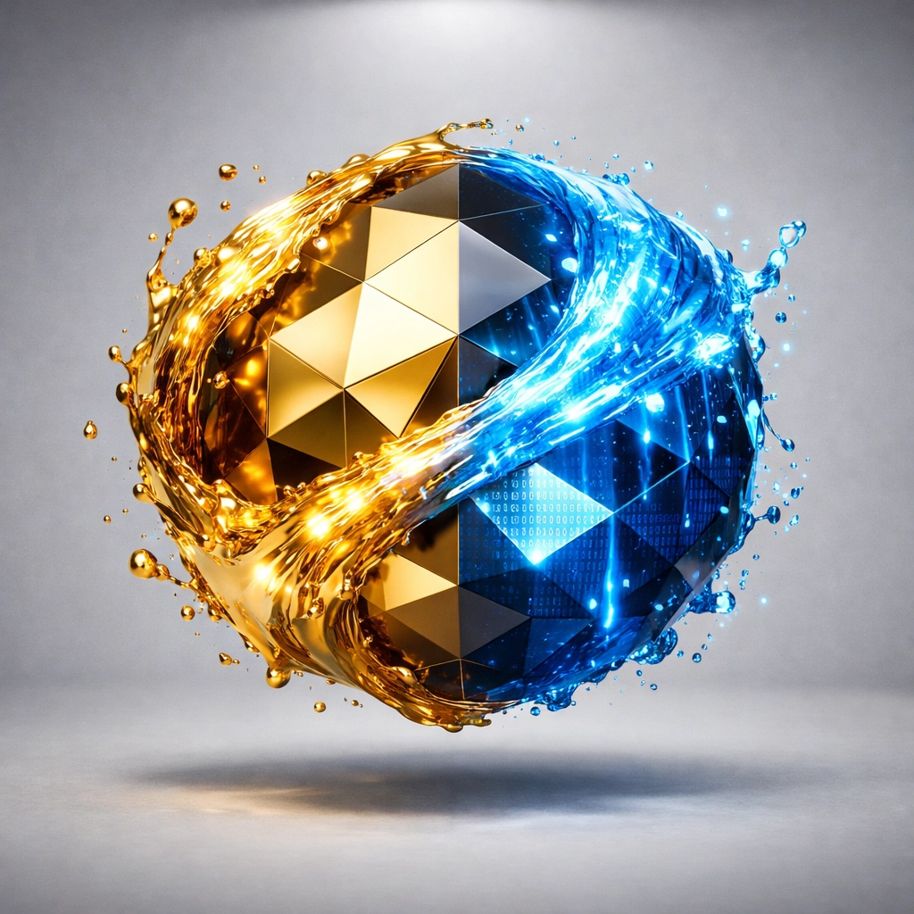 Molten gold and blue data streams merging to represent the fusion of traditional wealth and digital asset strategies.