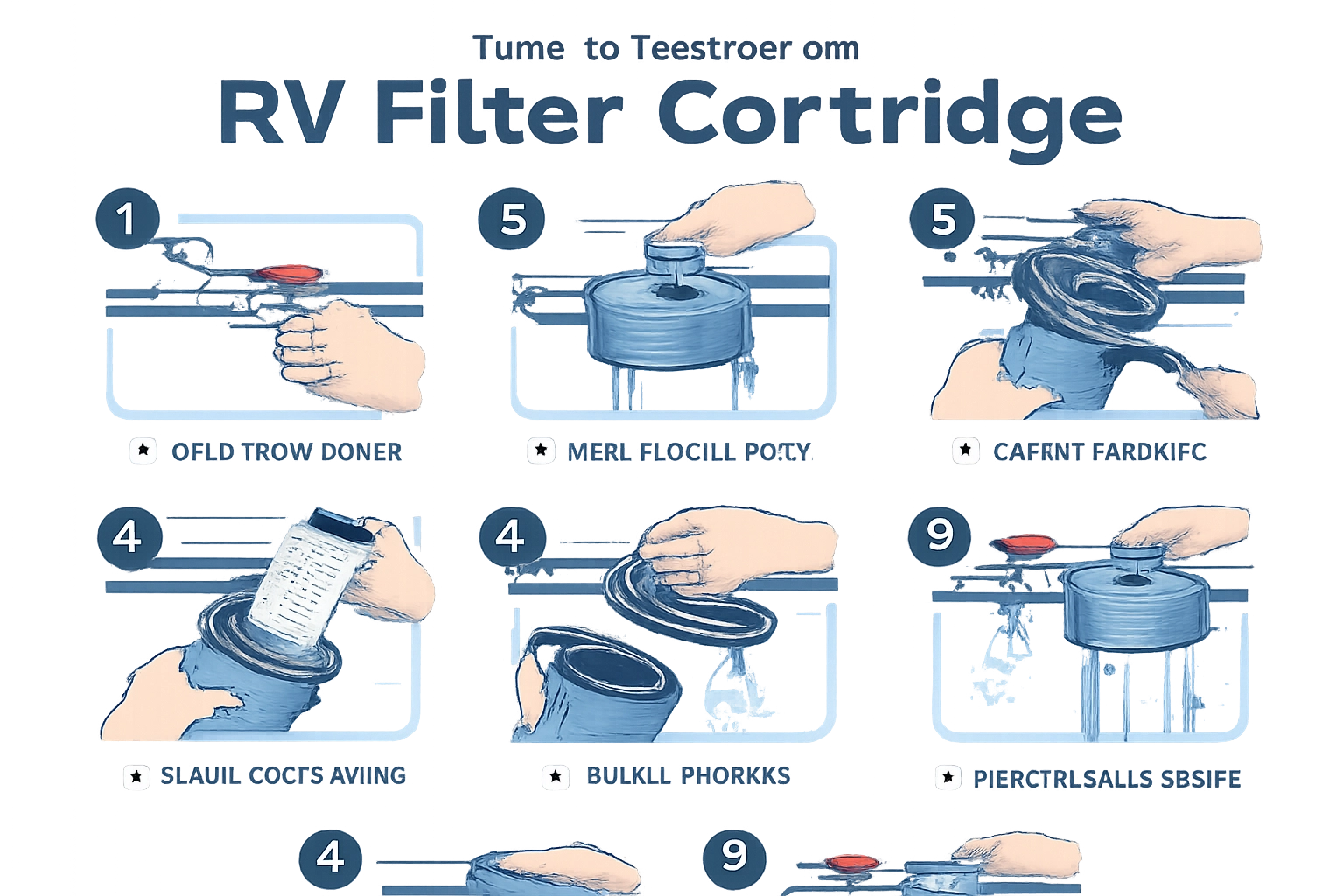 7-step illustrated diagram showing how to replace an RV water filter cartridge: shut off water, relieve pressure, open housing, remove cartridge, clean, insert new, reassemble and flush