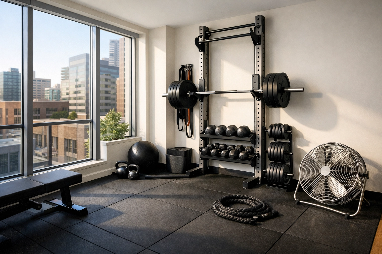 Minimalist urban apartment corner featuring a floor to ceiling gym setup for full body workouts at home.