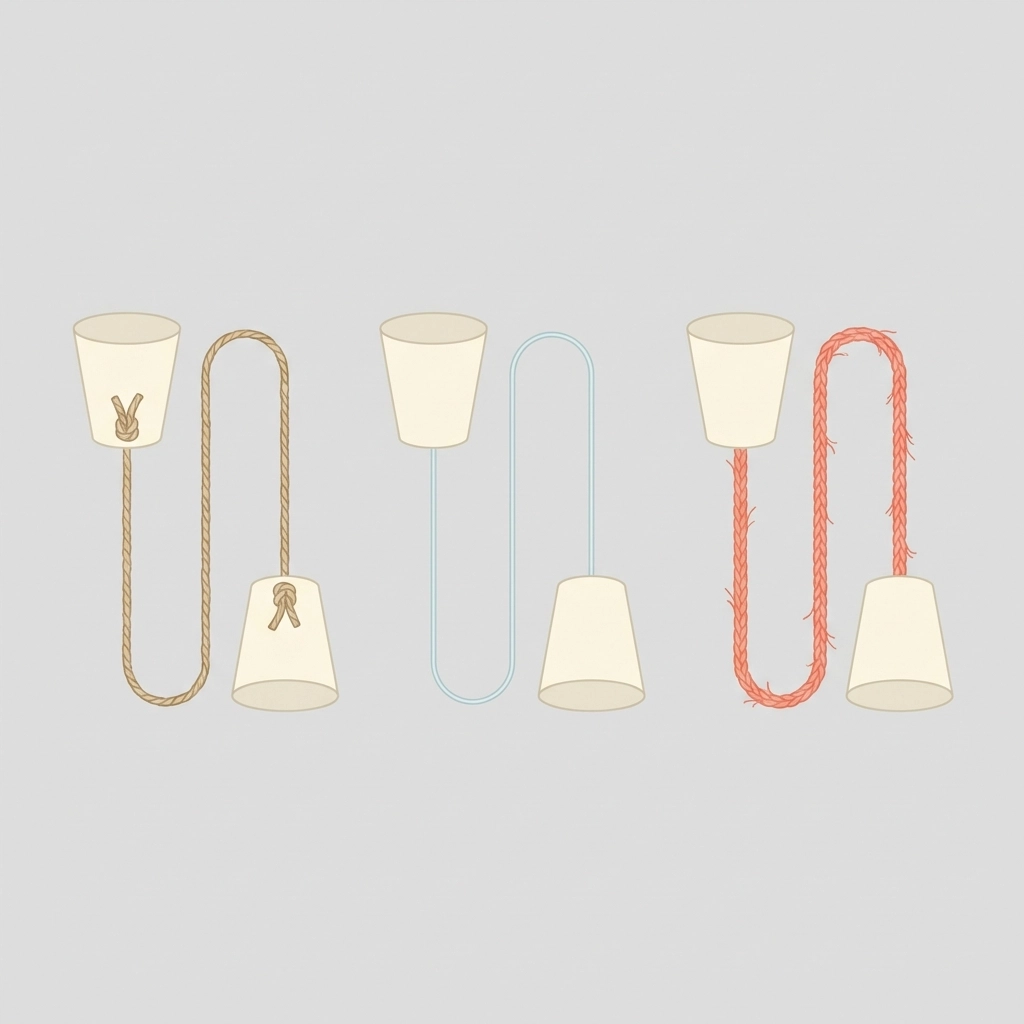 Three homemade string-phones using different string materials for a backyard science experiment comparison