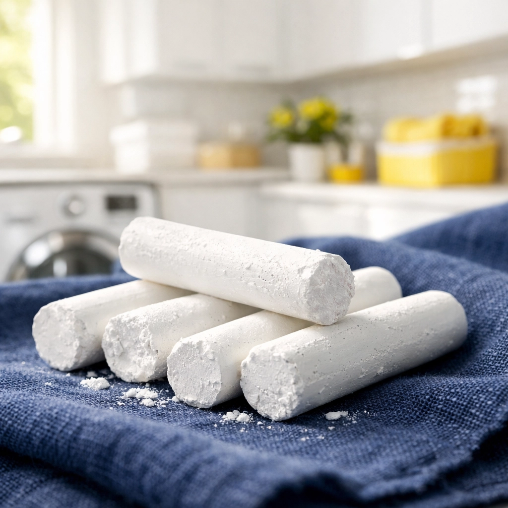 White chalk sticks resting on blue linen fabric as a natural cleaning hack for oily stains.