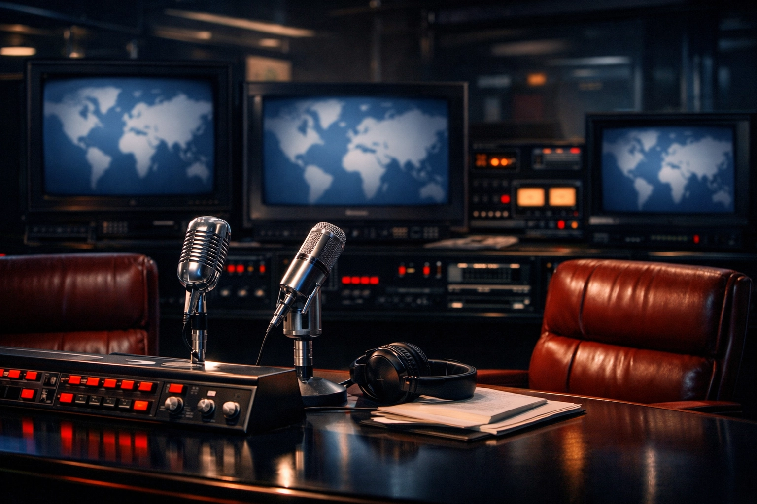A calm, retro newsroom with silver microphones and world maps representing a Christ-centered news perspective.