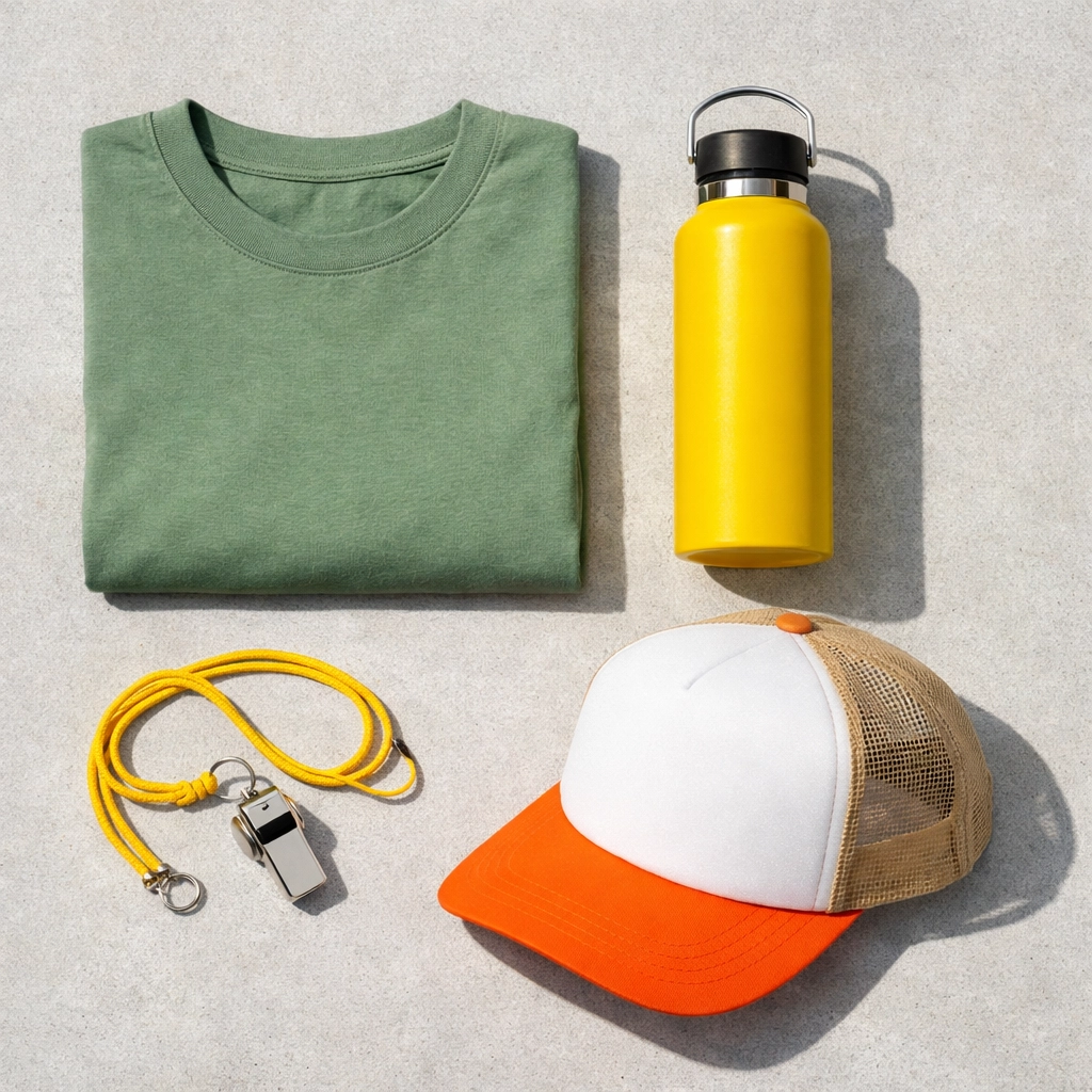Camp counselor essentials checklist with a custom sage staff shirt, water bottle, and trucker hat.