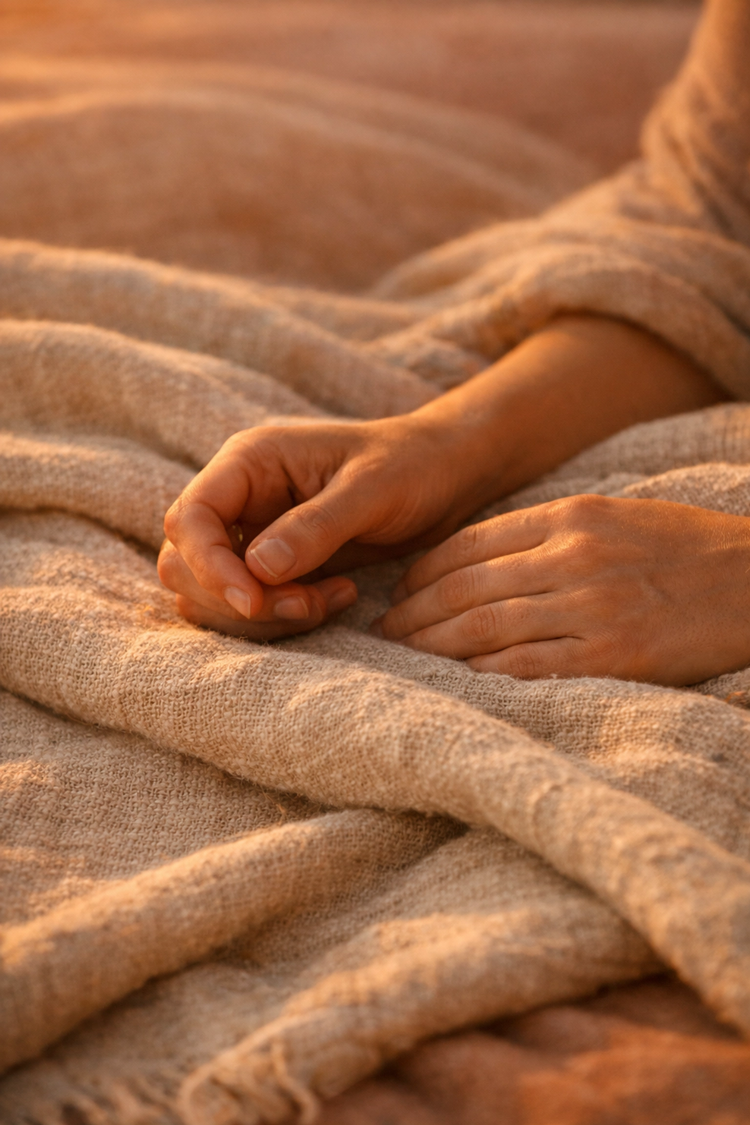 Hands resting on a soft blanket, representing internal checking-in and healing attachment wounds.