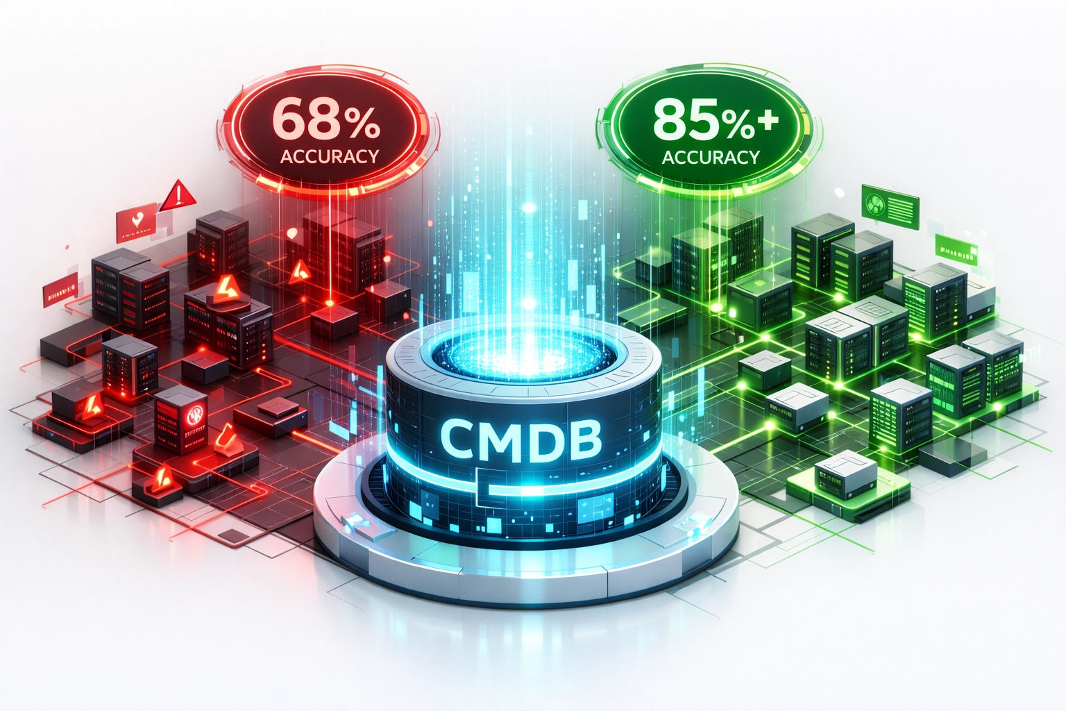 CMDB accuracy comparison showing 68% failure zone vs 85% optimal ServiceNow ITOM performance