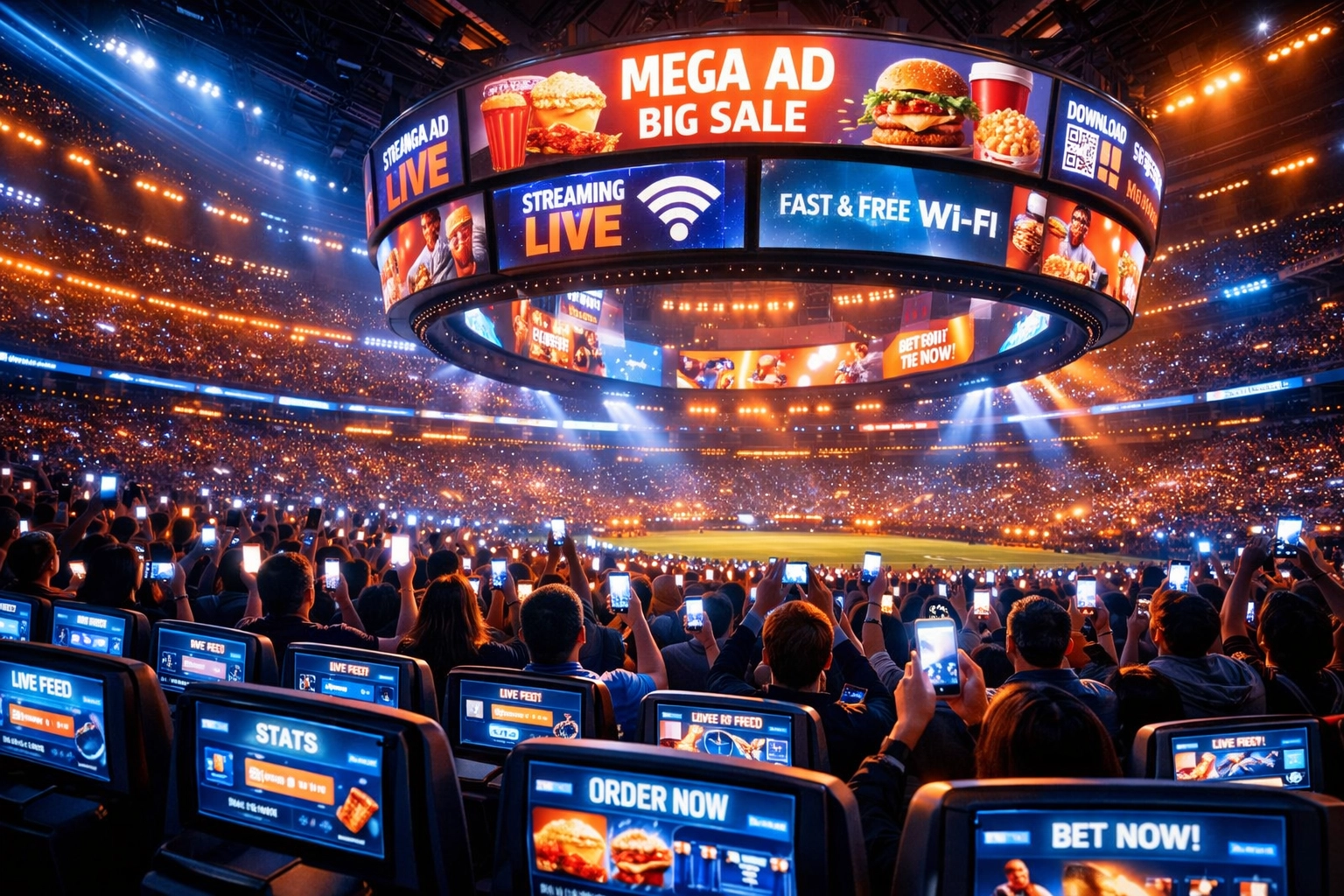 Smart stadium interior with LED jumbotrons, digital screens, and fans using multiple devices during game