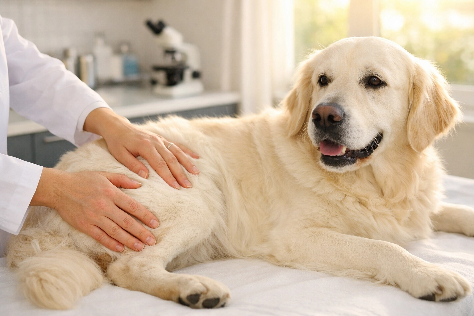 Veterinarian examining Golden Retriever hip joint during health screening for dysplasia