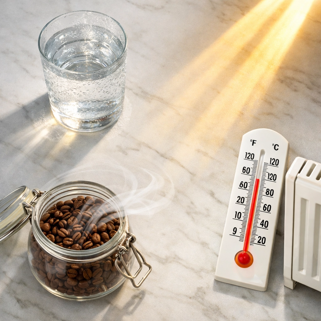 Four enemies of coffee freshness: water moisture, sunlight, heat, and air exposure on marble counter