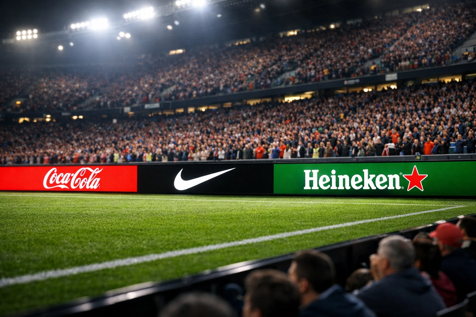 Digital perimeter boards and Sportrons displaying branding at a professional sports stadium.