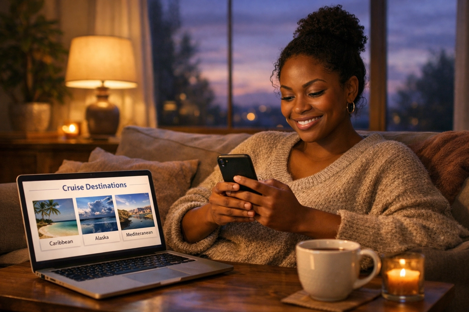 Client researching cruise options at home during evening hours