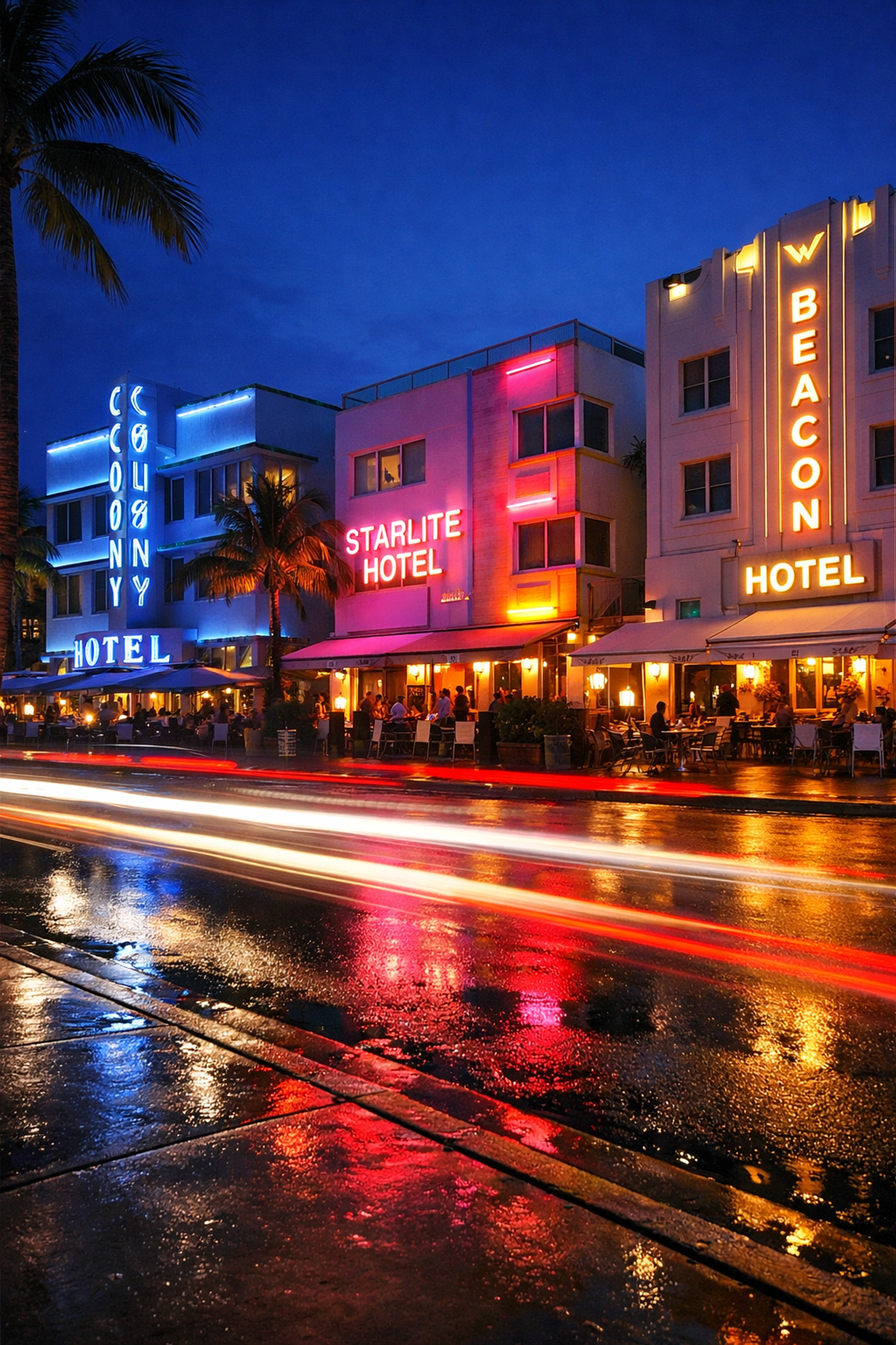 Glowing neon signs of historic hotels on Ocean Drive, capturing the best night photography spots in Miami.