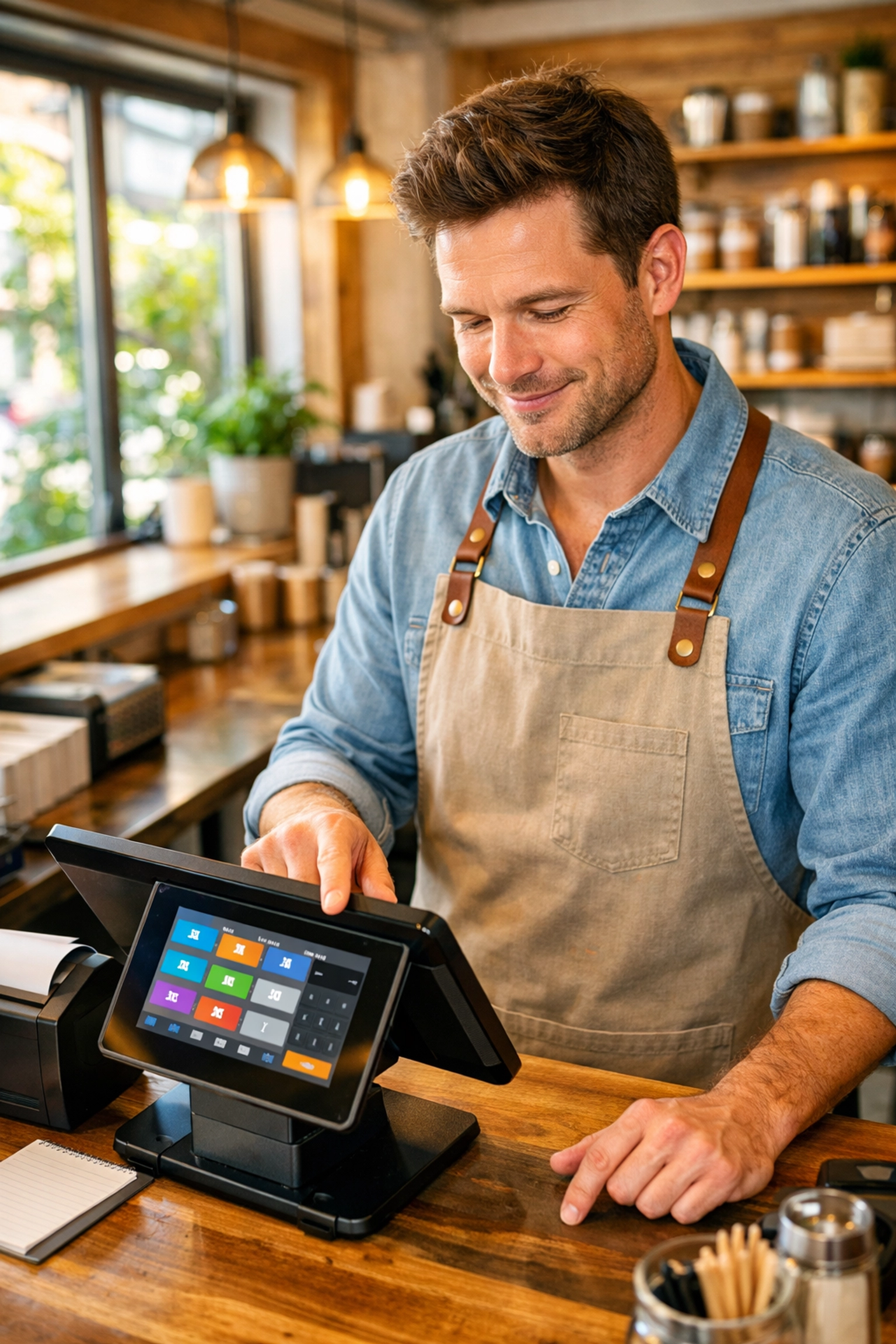 UK small business owner using touchscreen POS system in modern café