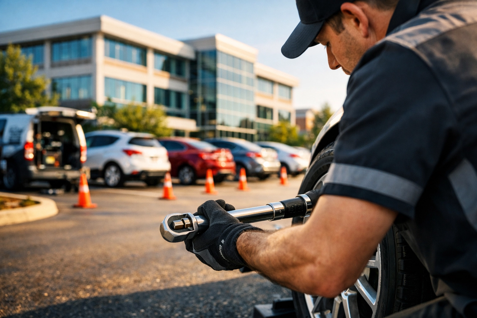 Mobile mechanic Green Bay performing onsite auto maintenance in a corporate office parking lot.