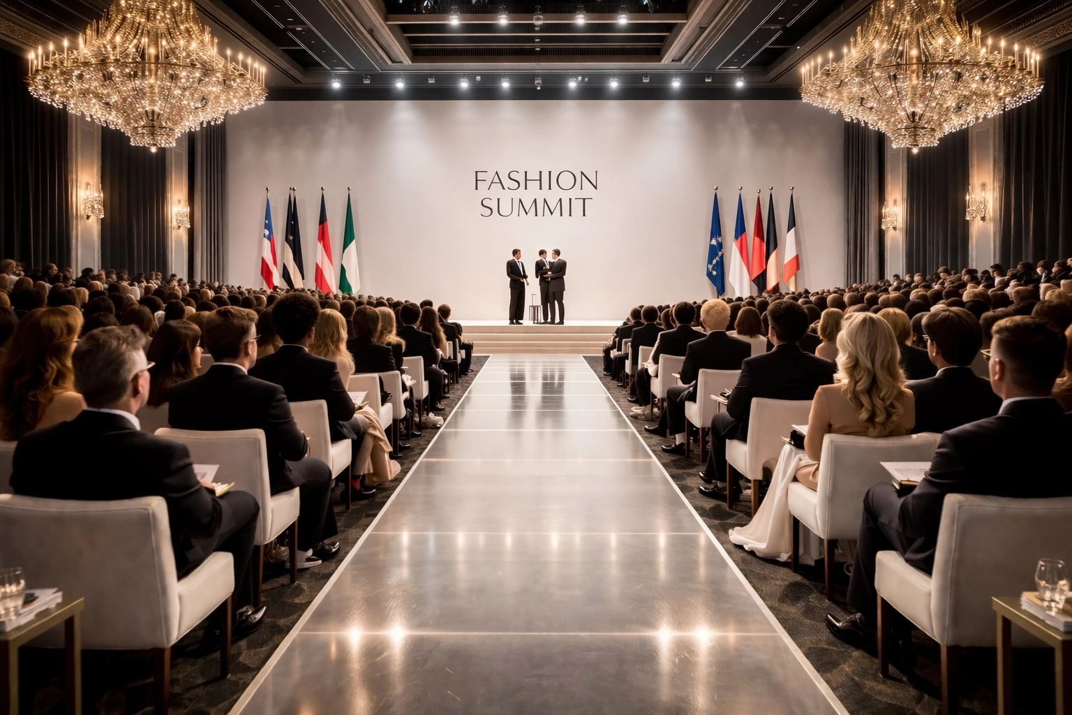 Prestigious fashion business summit with institutional representatives and elegant runway, reflecting Latin Fashion Week's commercial focus