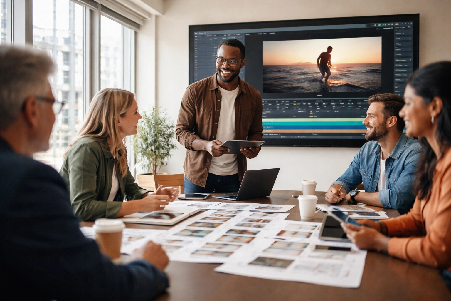 Creative production meeting with diverse team developing strategic TV content for Dakdan Worldwide