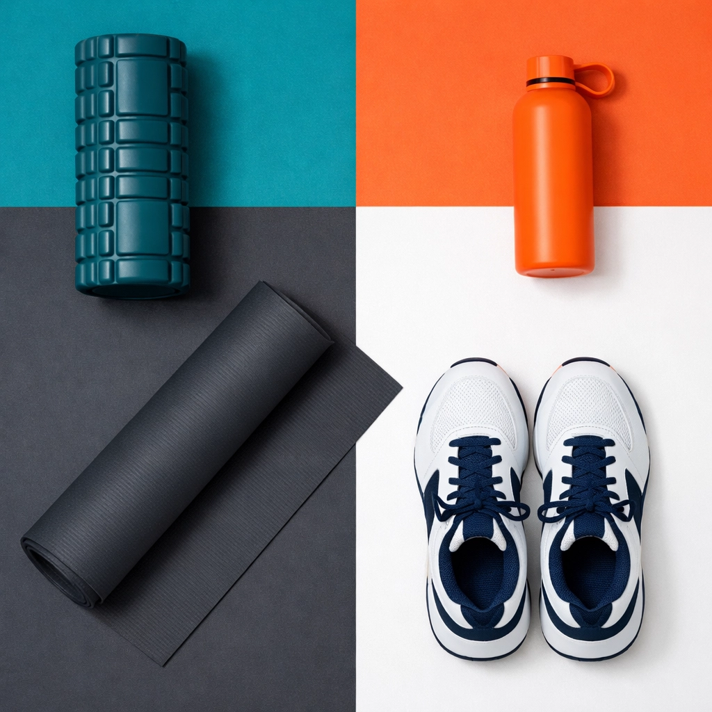 Recovery tools including foam roller, yoga mat, and athletic shoes for active rest days