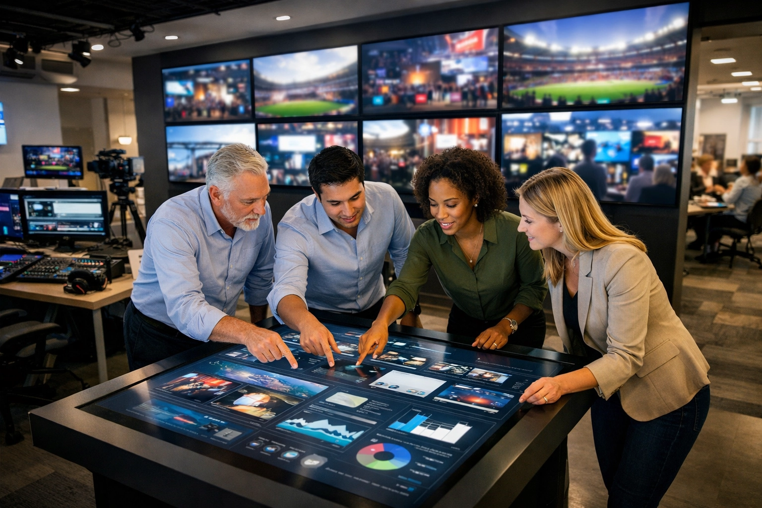 Professionals at Dakdan Worldwide collaborating on media layouts and strategic consulting for global brand growth.