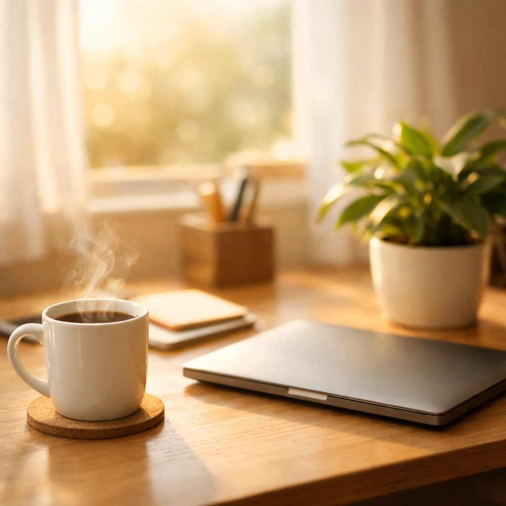 Peaceful organized home office desk representing freedom from weekend bookkeeping tasks