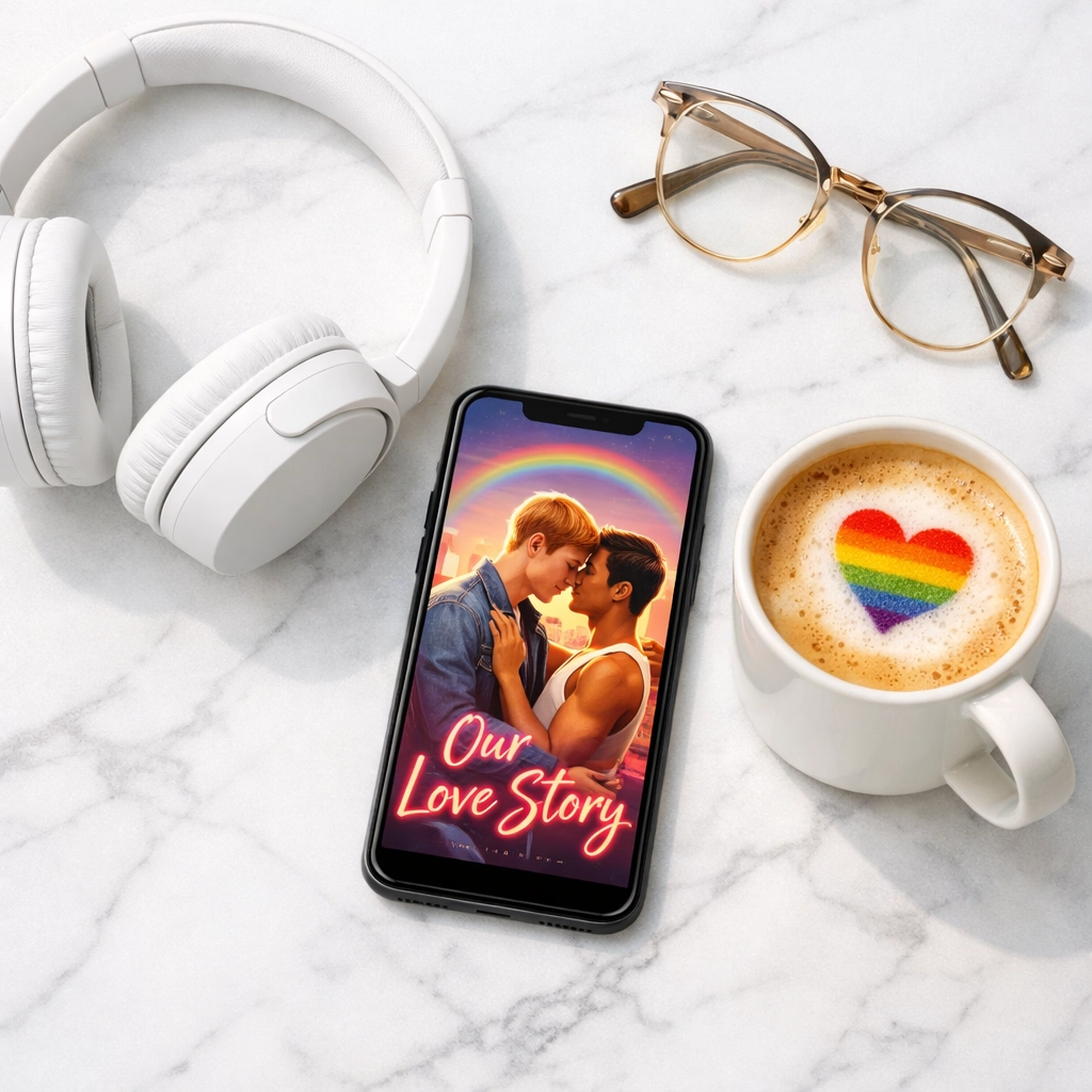 Smartphone displaying a vibrant gay romance eBook cover on a modern desk setup for social media marketing.