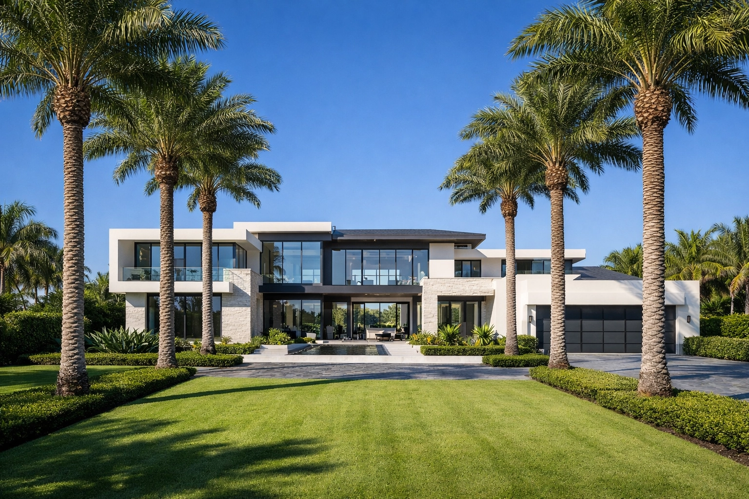 Modern luxury real estate in Palm Beach Gardens with contemporary architecture and royal palms.