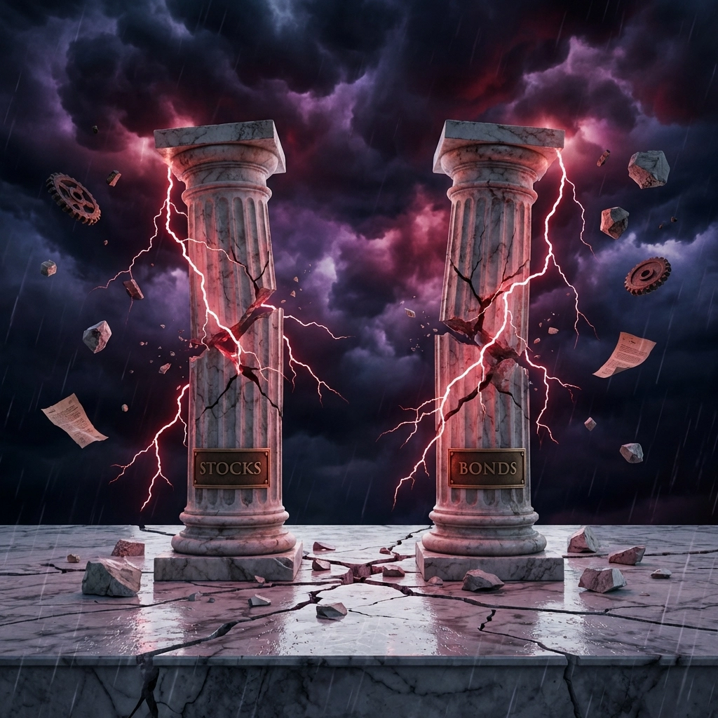 Stocks and bonds crumbling together under storm clouds, illustrating market correlation risk and diversification breakdown.