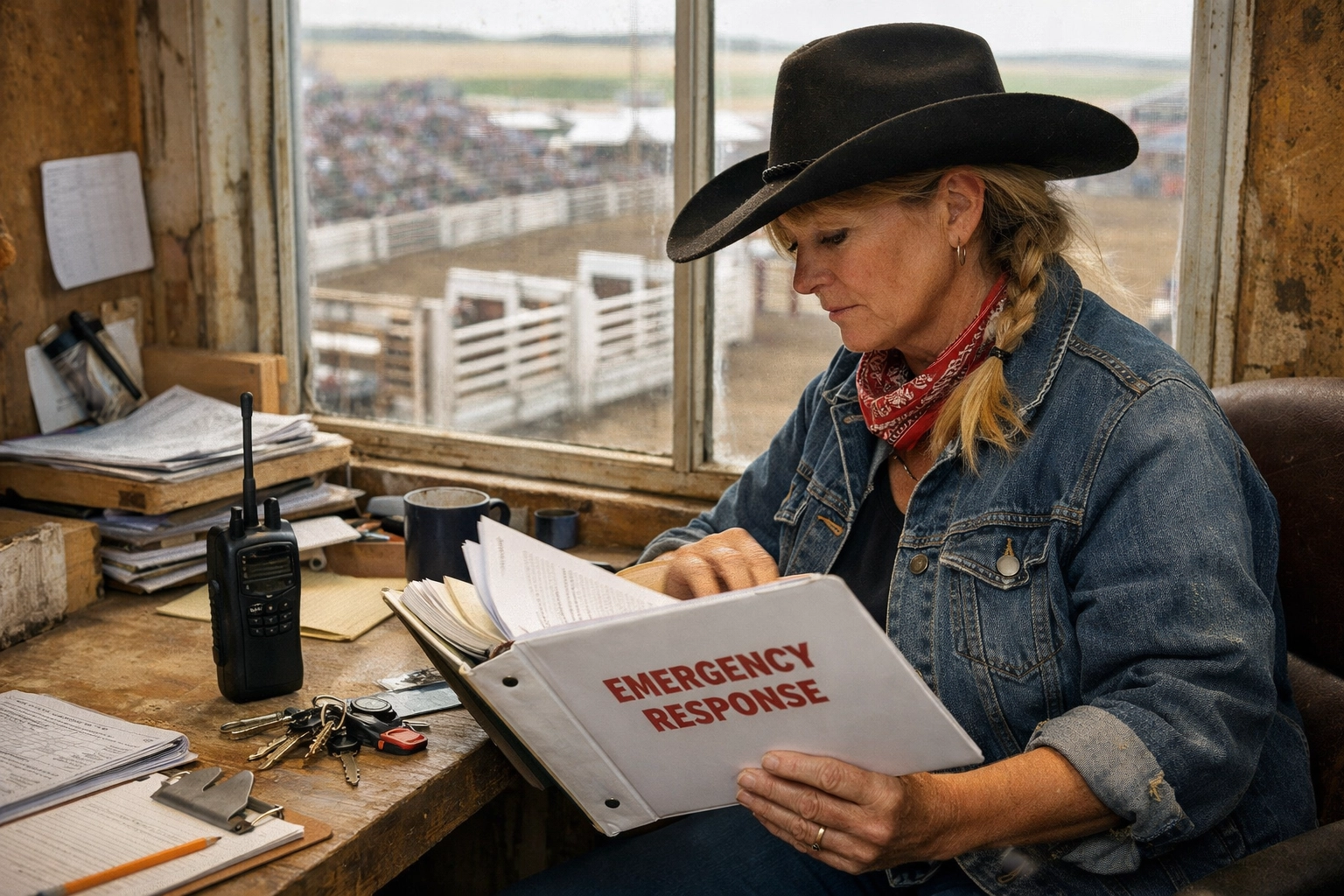 A fair board or rodeo committee volunteer reviewing an emergency response binder beside a handheld radio at a Canadian fairground.